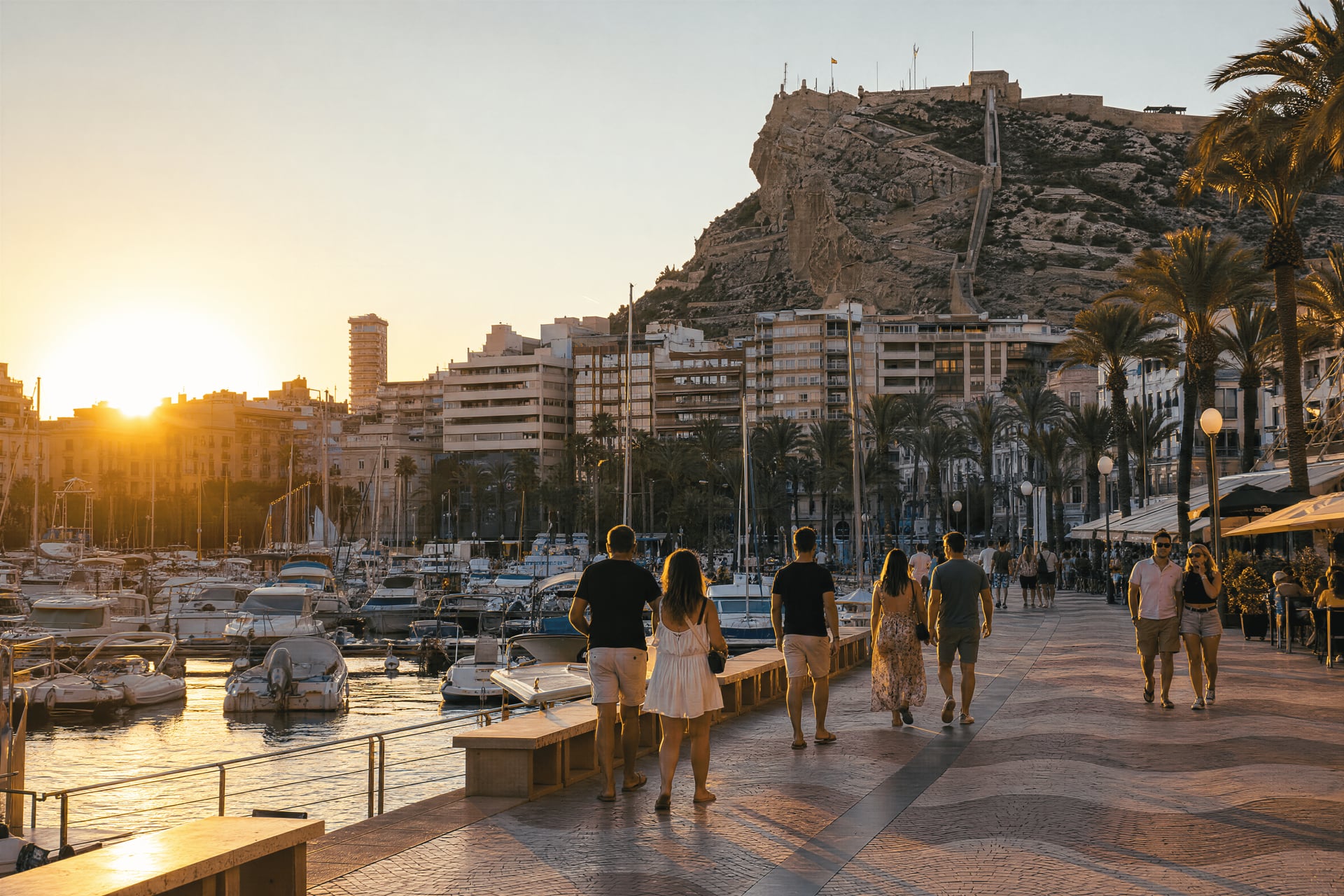 Alicante waterfront and marina with locals near the cannabis social club scene