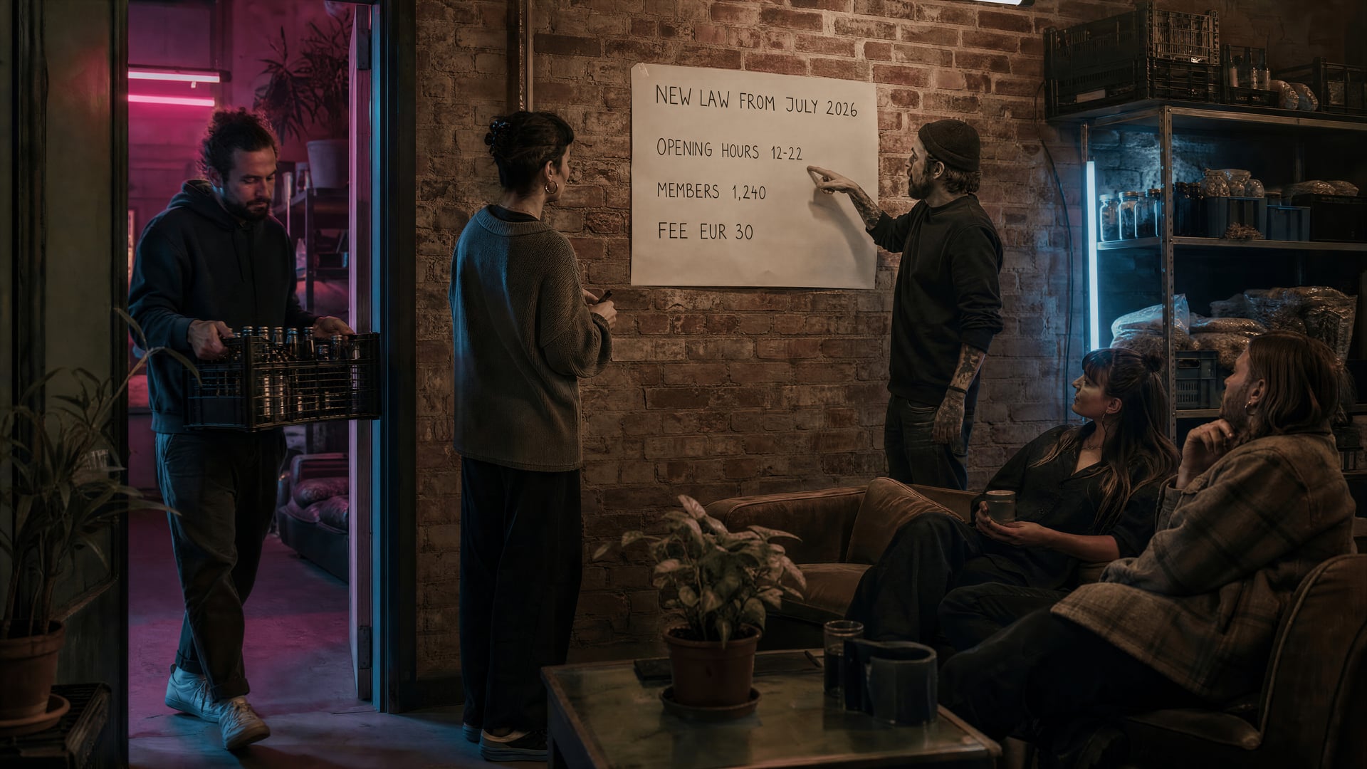 Members gathered in a European cannabis social club meeting room reviewing registration paperwork