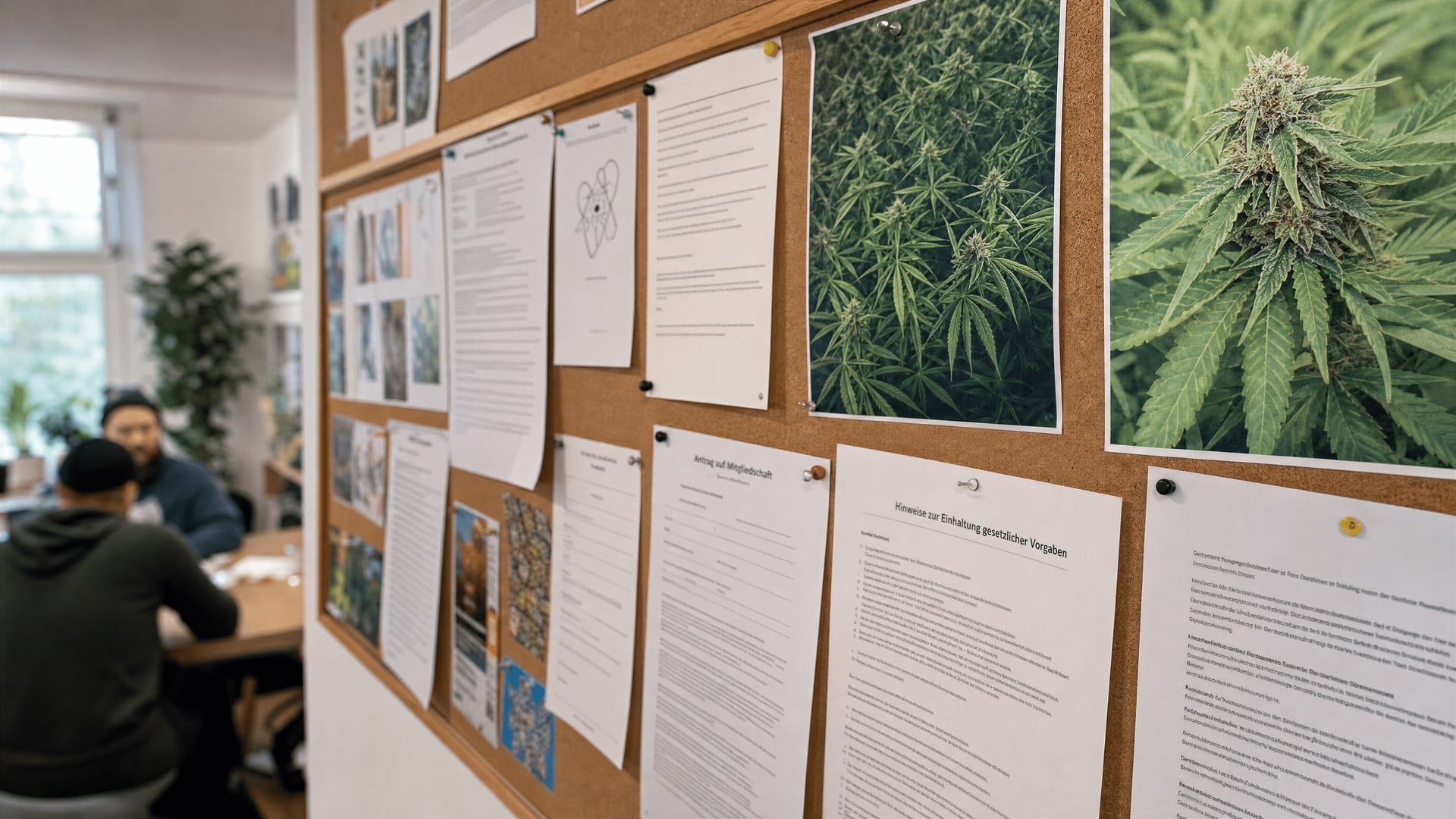 Hinweistafel in einem deutschen Cannabis-Club-Büro mit Mitgliedsanträgen und Regelhinweisen.