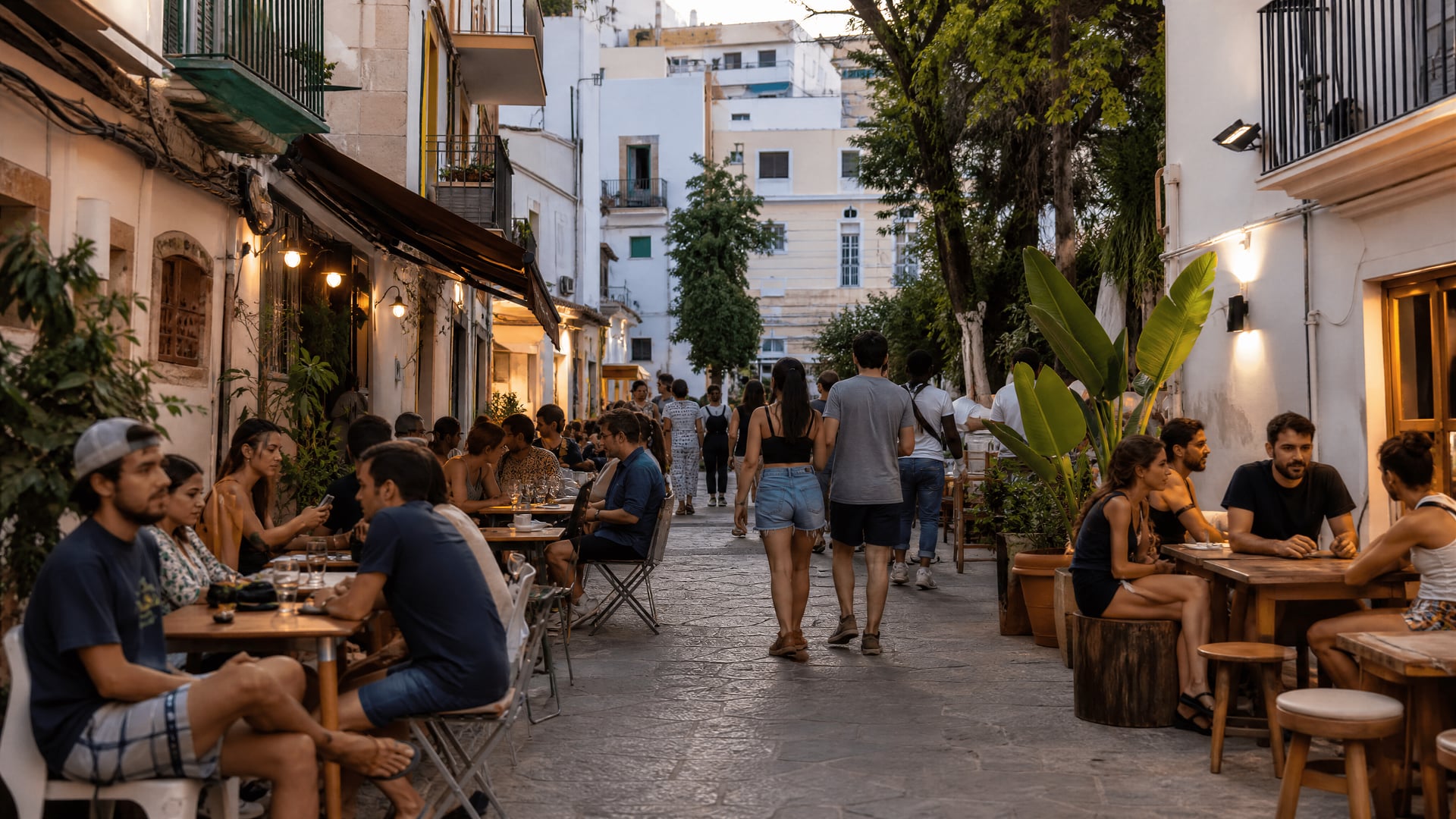 Escena de calle en Sa Penya con vida cotidiana de Ibiza y carácter de barrio local