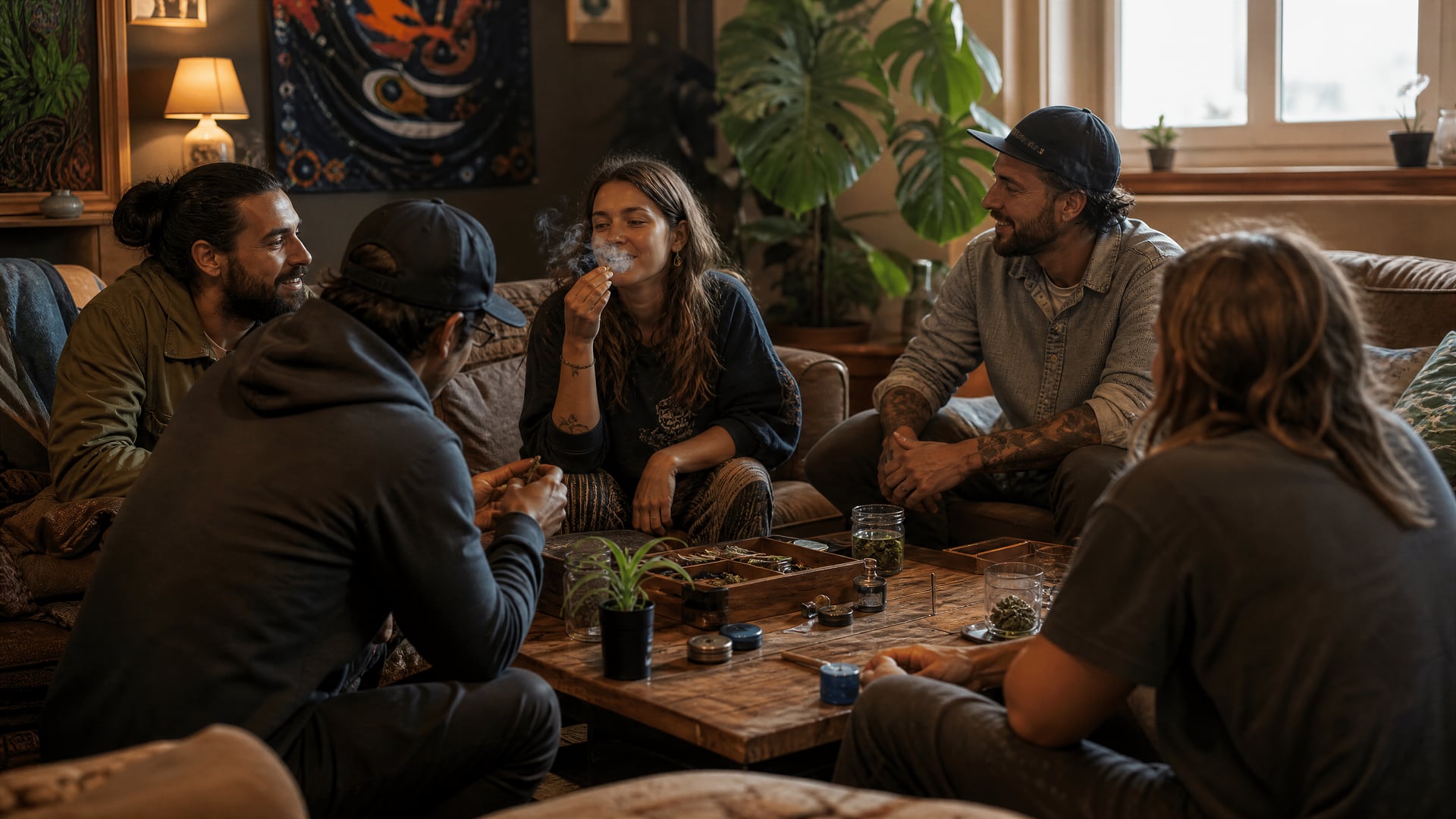 Sala acolhedora de um clube social de canábis em Port de Sóller, com sócios a conversar em voz baixa