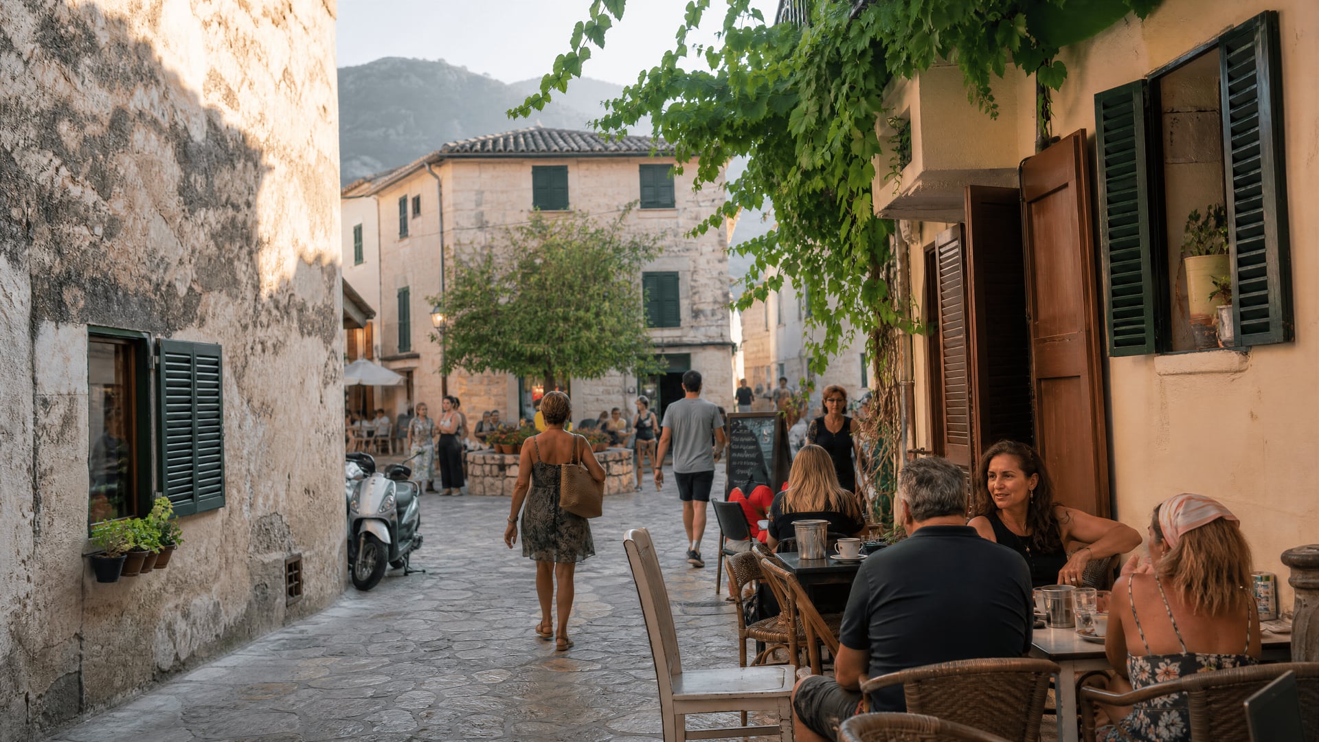 Cena de rua de Calvià vila com vida local e contexto de clube social de canábis