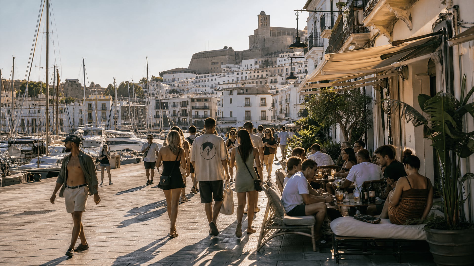 Ibiza waterfront street life with cannabis social club neighborhood context