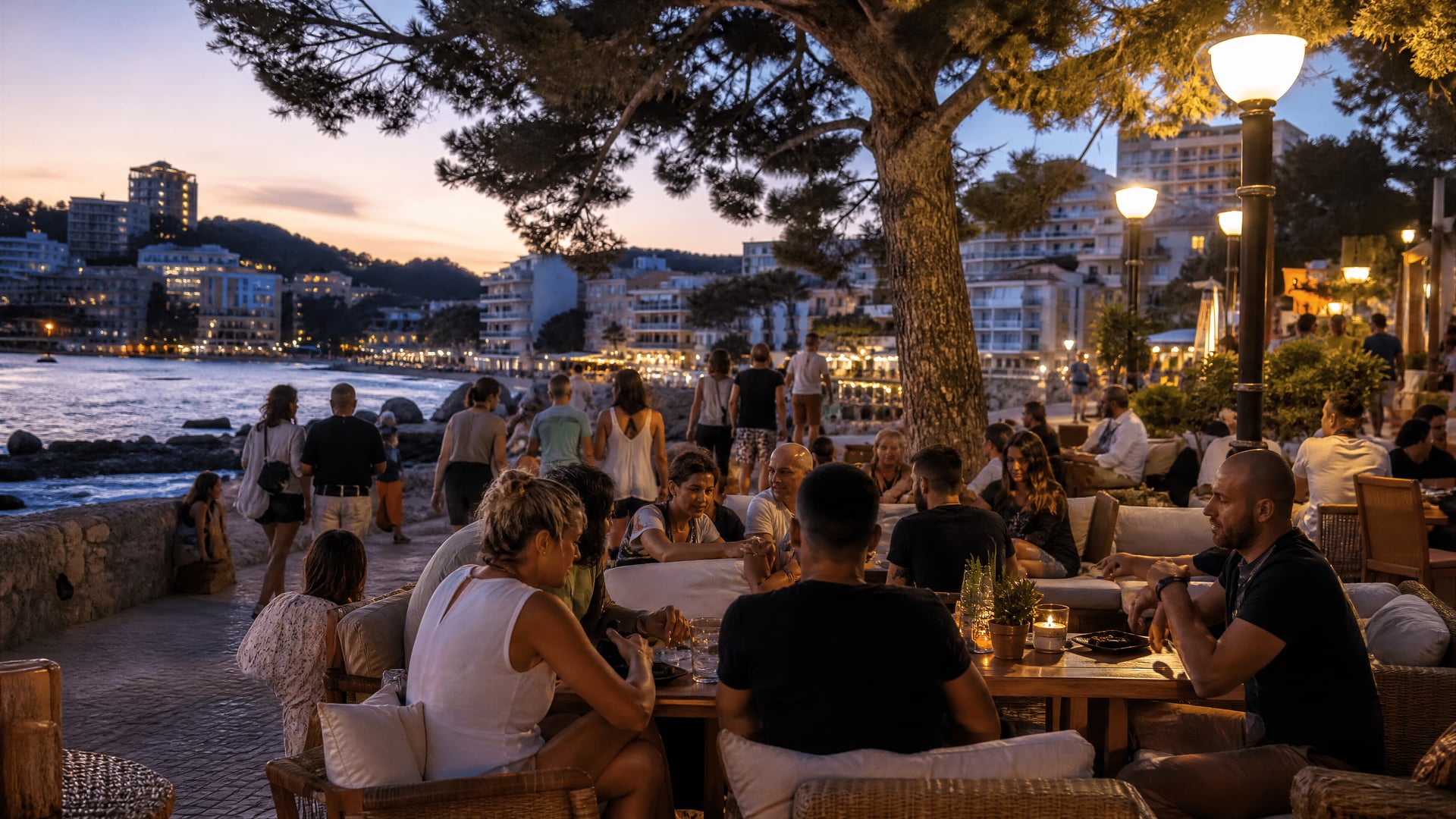 Avondterras in Paguera met lokaal nachtleven en kustsfeer