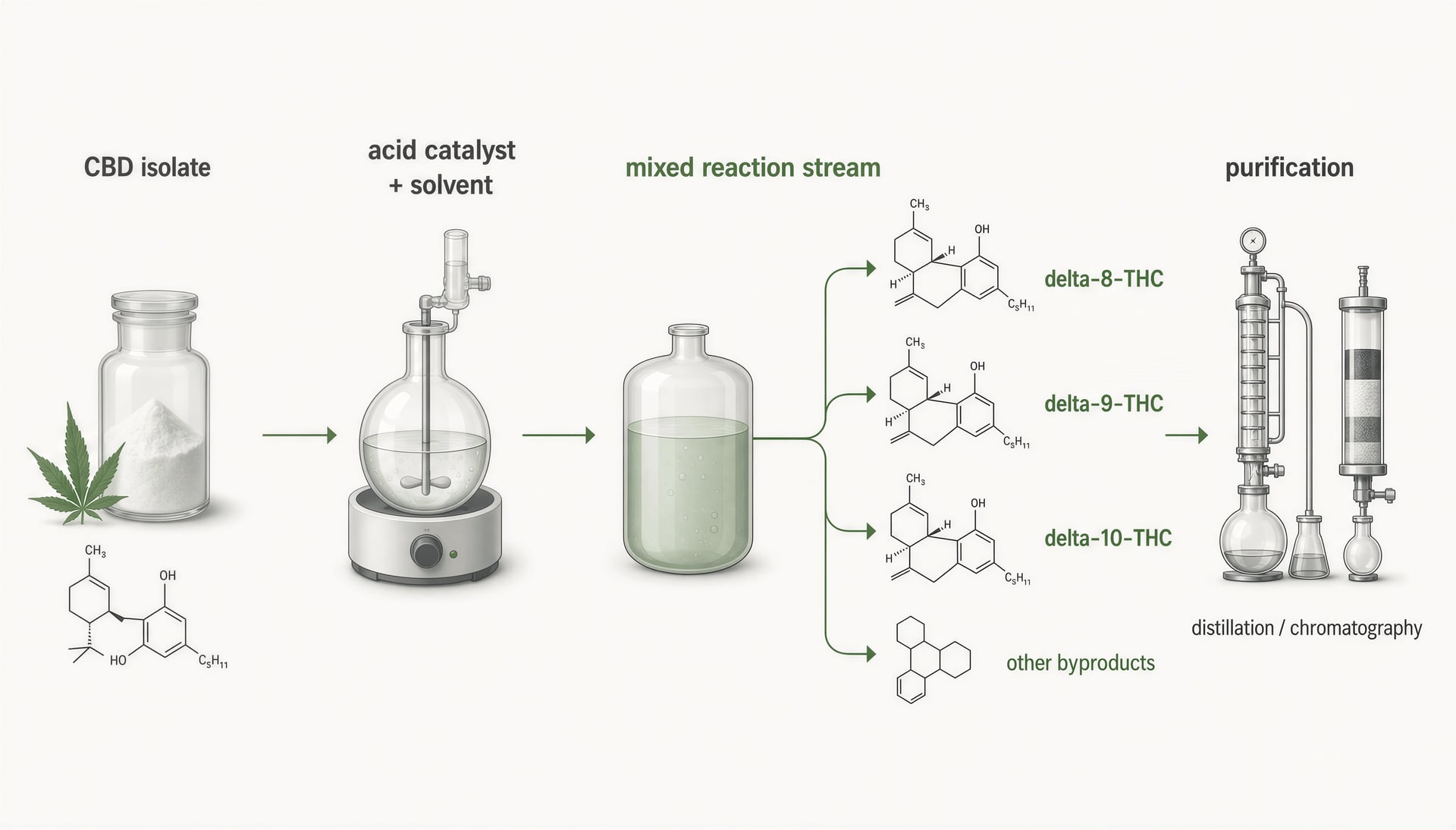 Schematic of CBD conversion into delta-8 showing a mixed reaction stream and purification step.