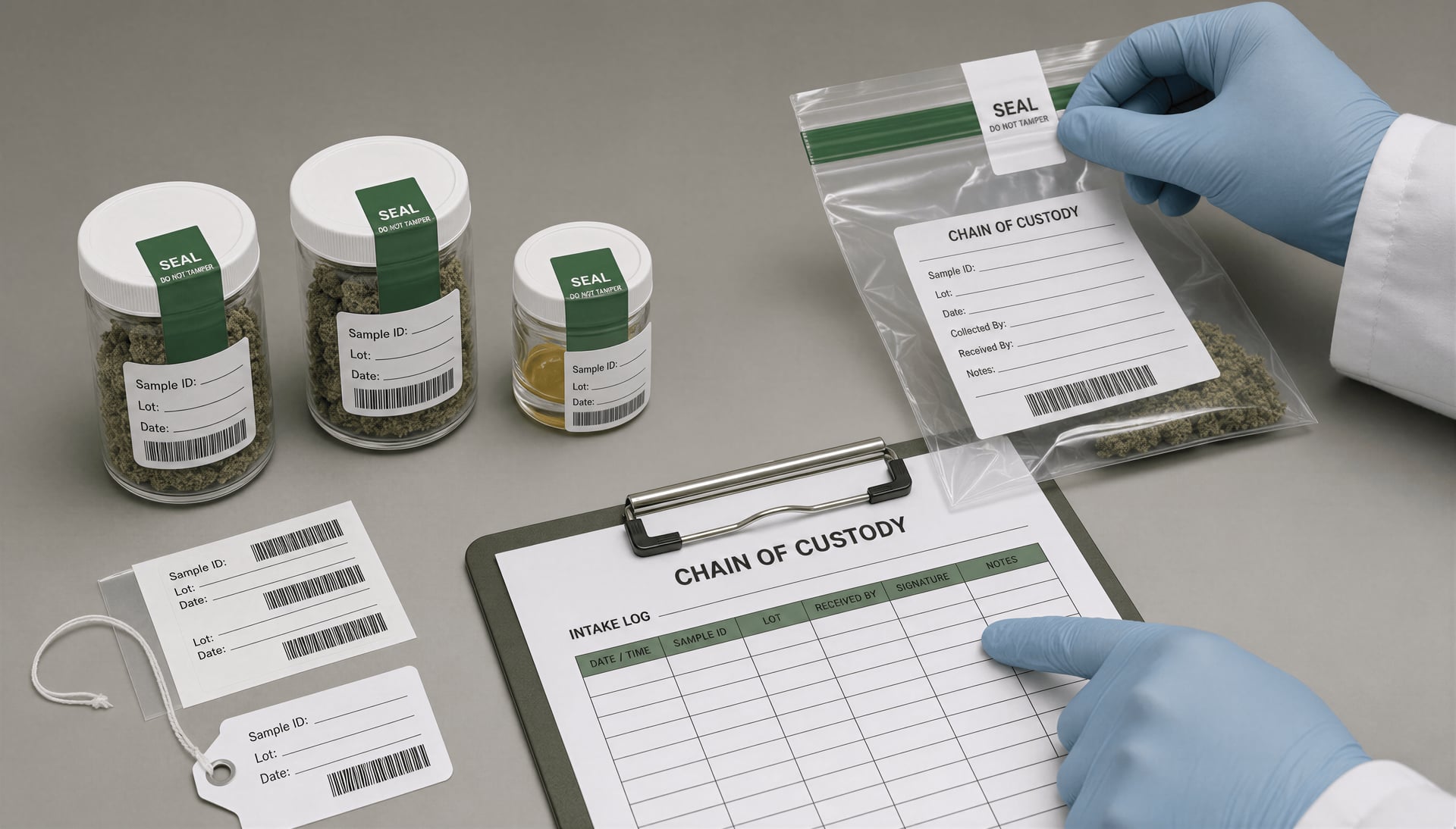 Sealed cannabis samples with chain-of-custody paperwork and tamper labels