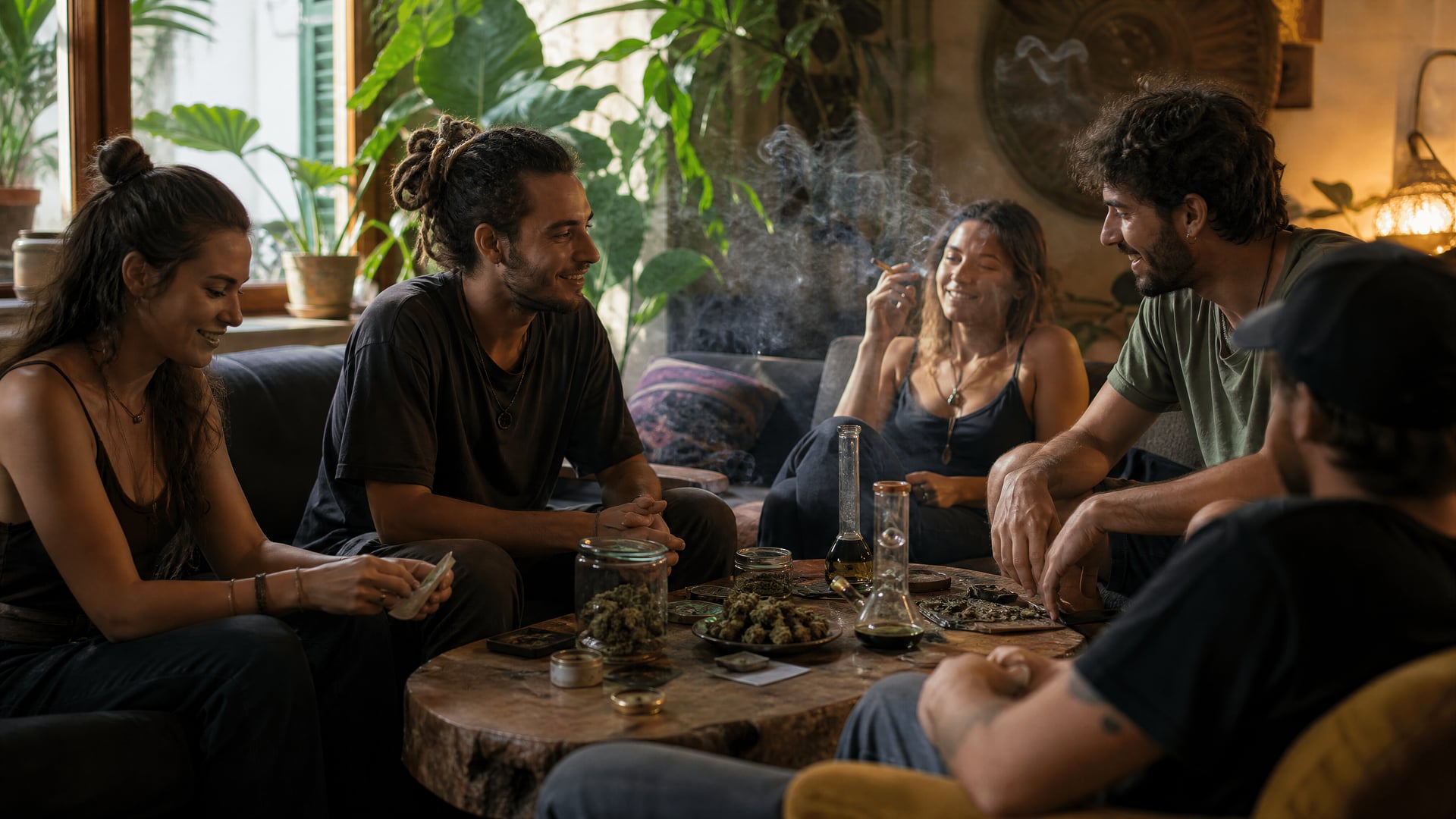 Leden die praten in een gezellige lounge van een cannabis social club, context voor de Sóller-directory