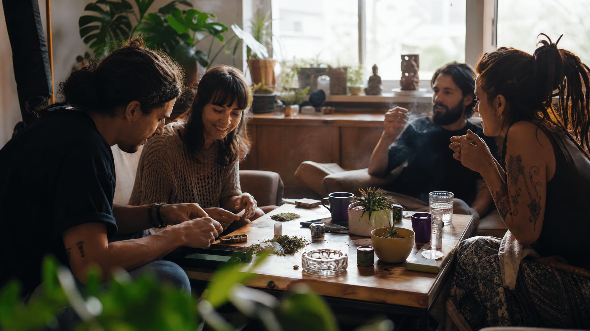 Members sharing a Valencia cannabis social club lounge with sofas and low tables