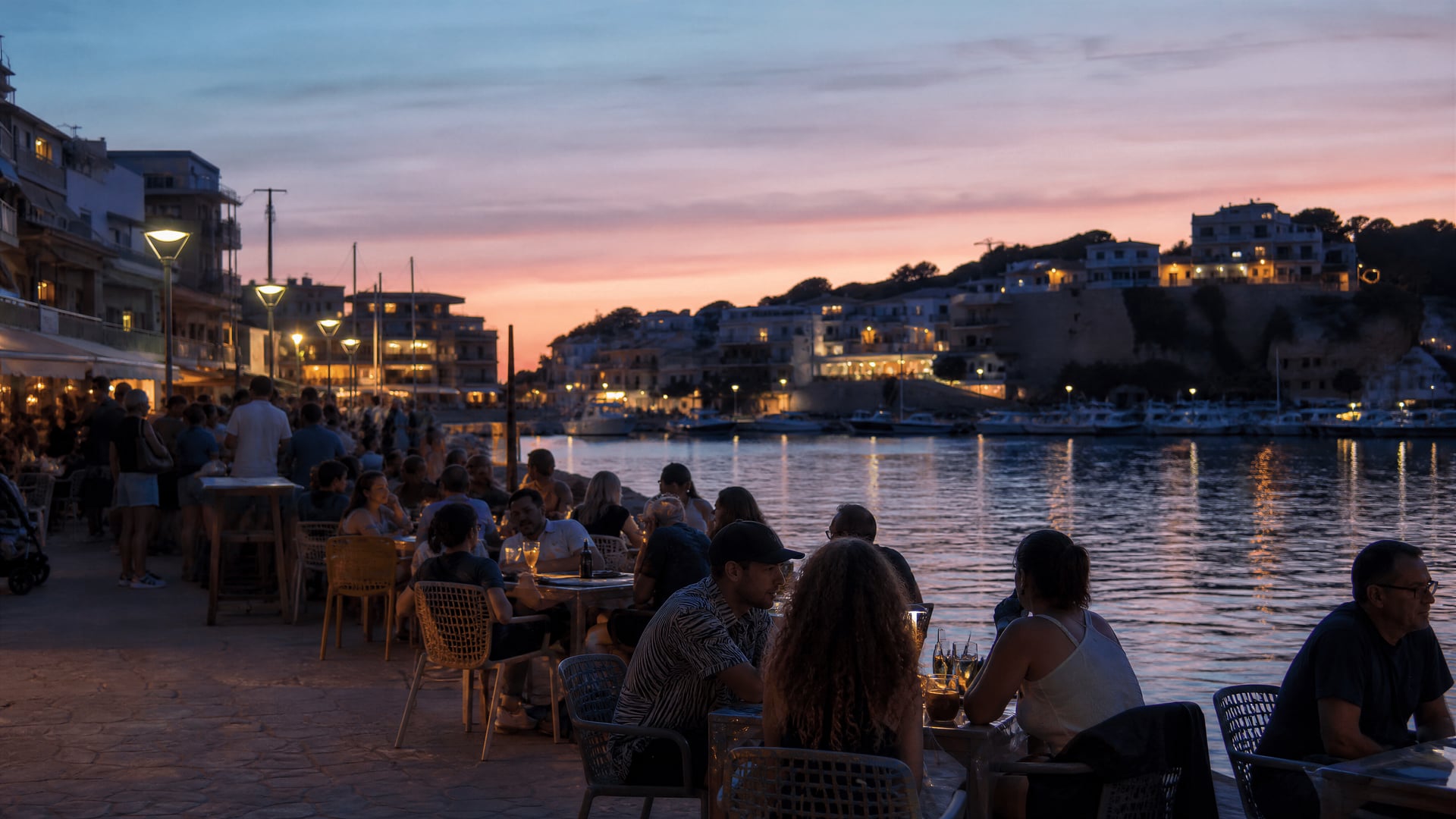 Porto Cristo waterfront terrace at dusk with social club atmosphere nearby