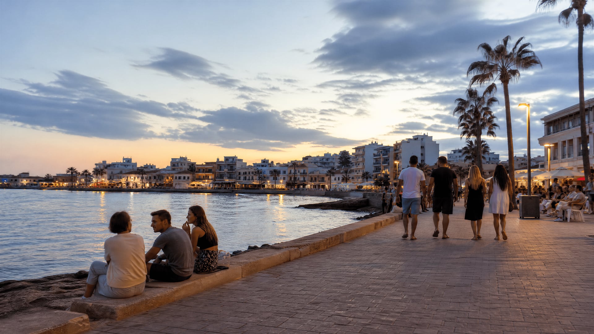 Cala Bona waterfront near Son Servera with evening walkers and local life