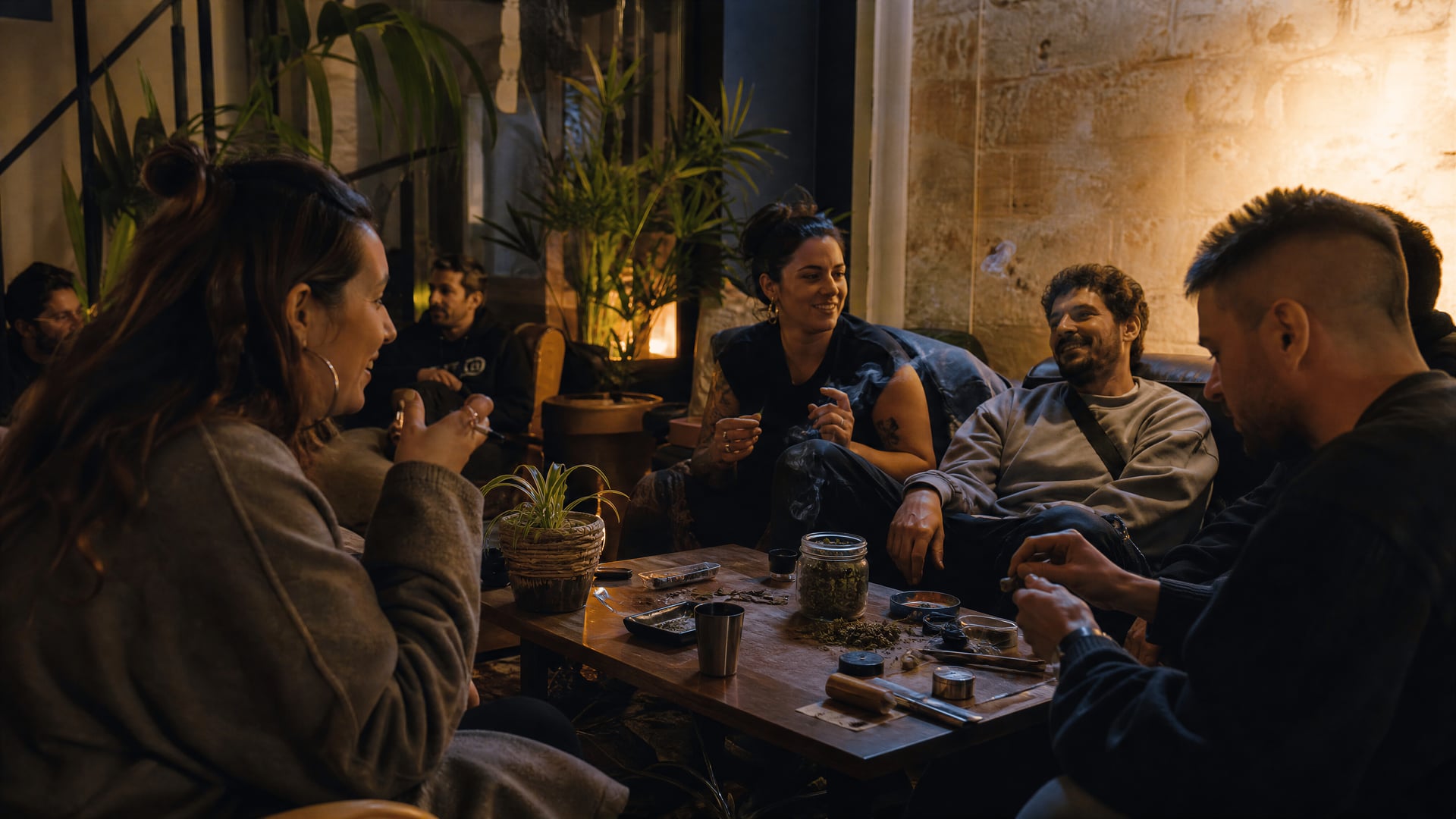 Acogedora sala de un club social de cannabis de Tarragona con socios y luz nocturna tenue