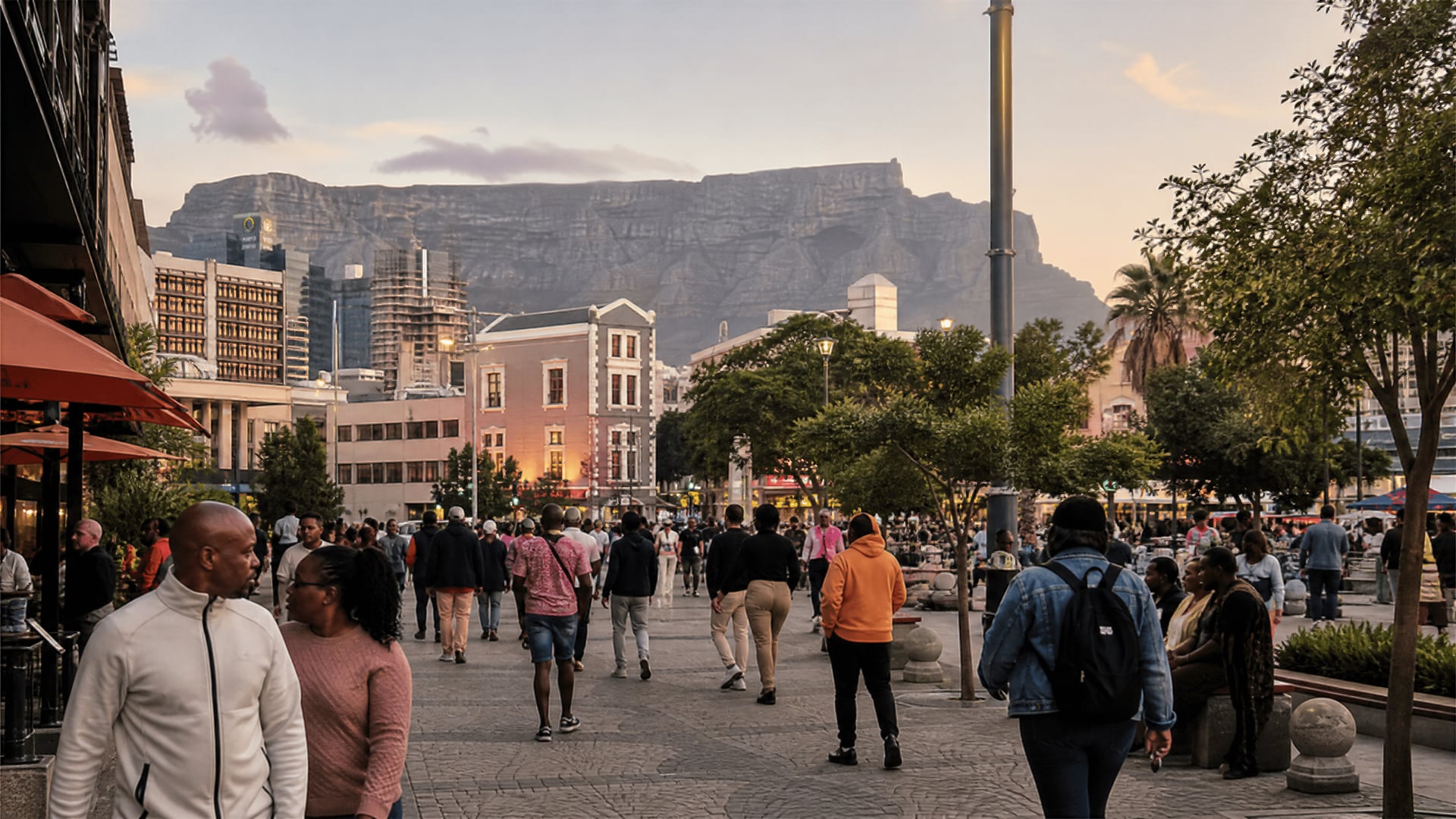 South Africa city plaza with evening foot traffic near cannabis social club neighborhoods