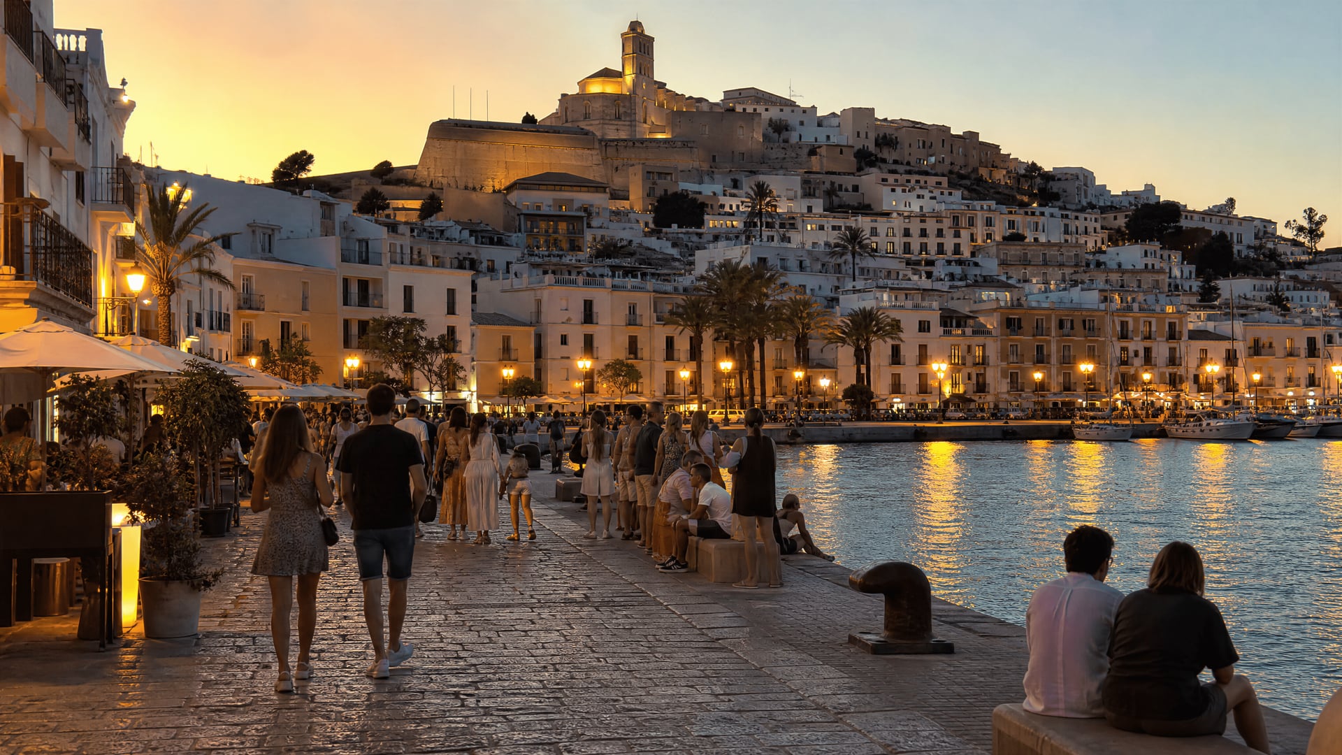 Dalt Vila sobre el paseo marítimo de Ibiza con paseantes nocturnos y contexto de cannabis social club