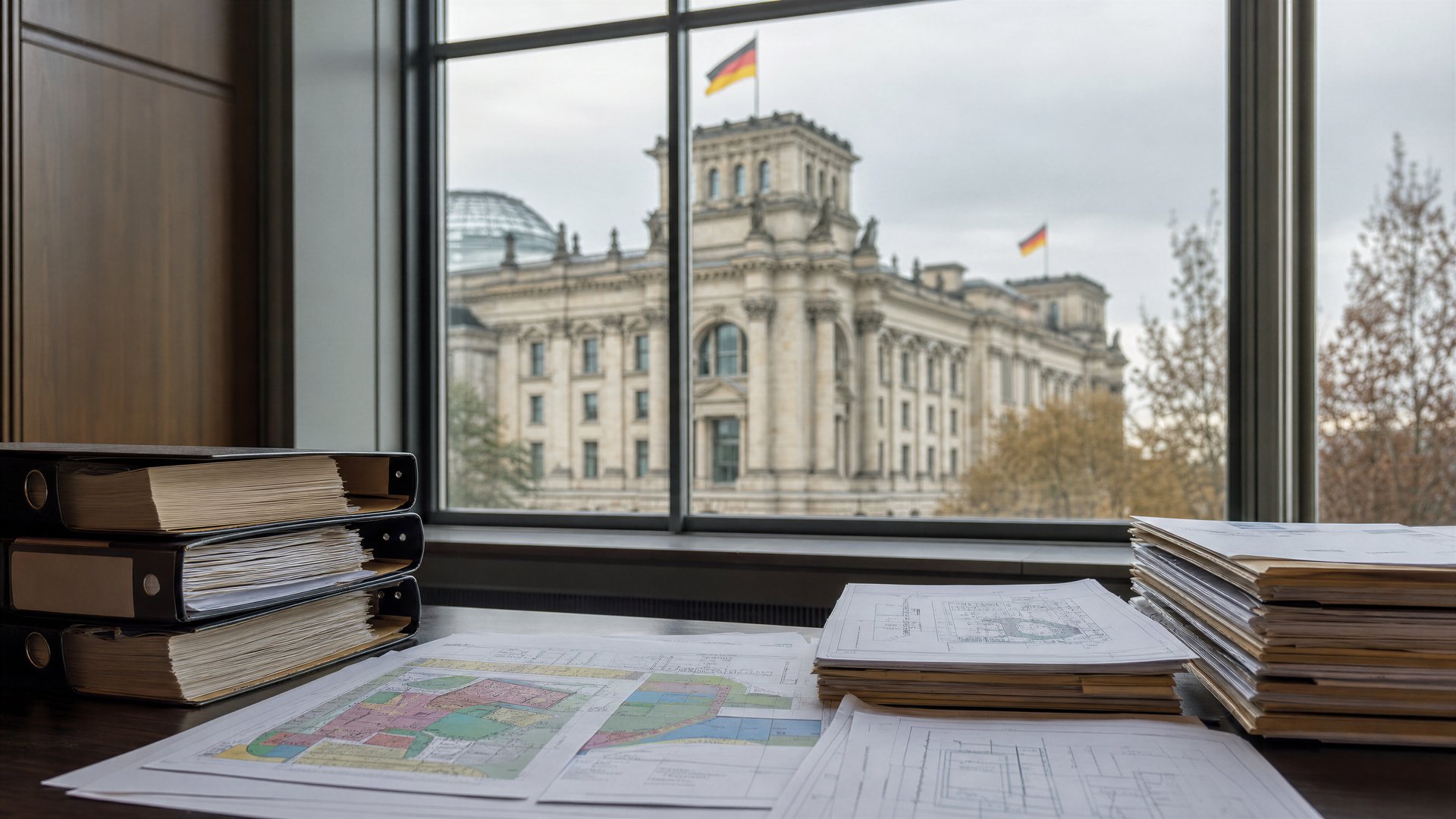 Editorial illustration of a German administrative building with legal documents and zoning maps on a desk.