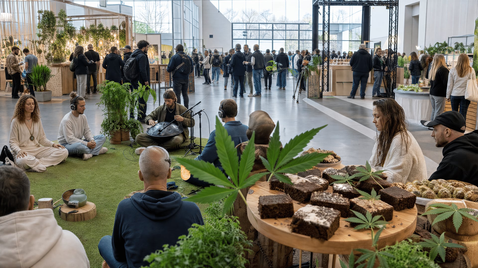 Eingangshalle einer Berliner Messe mit Meditationsmusik und Cannabis-bezogenen Speisen