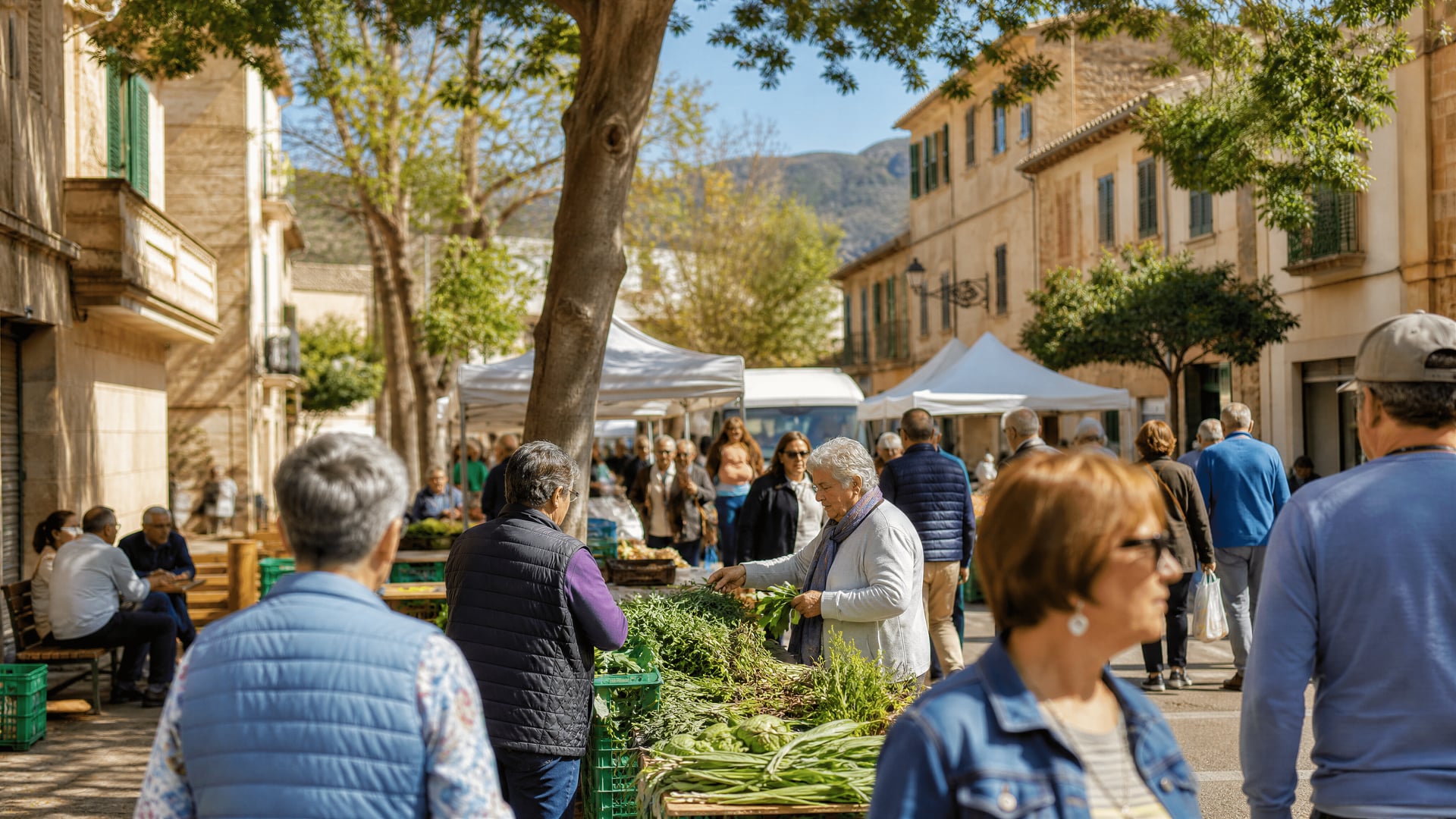 Son Servera market street with locals, stalls, and everyday neighborhood movement