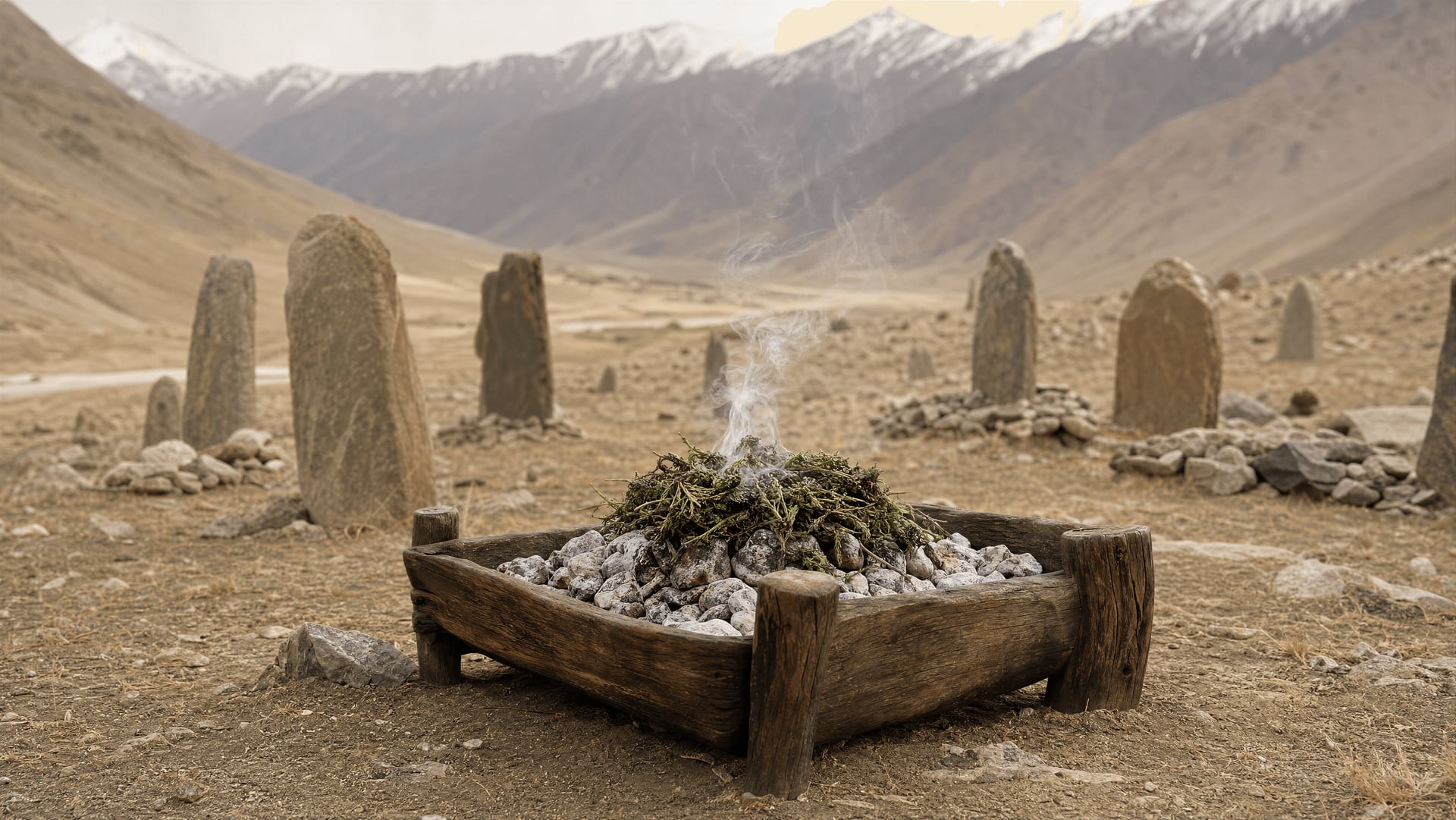 Reconstructed wooden brazier with cannabis smoke in a sparse ancient burial setting