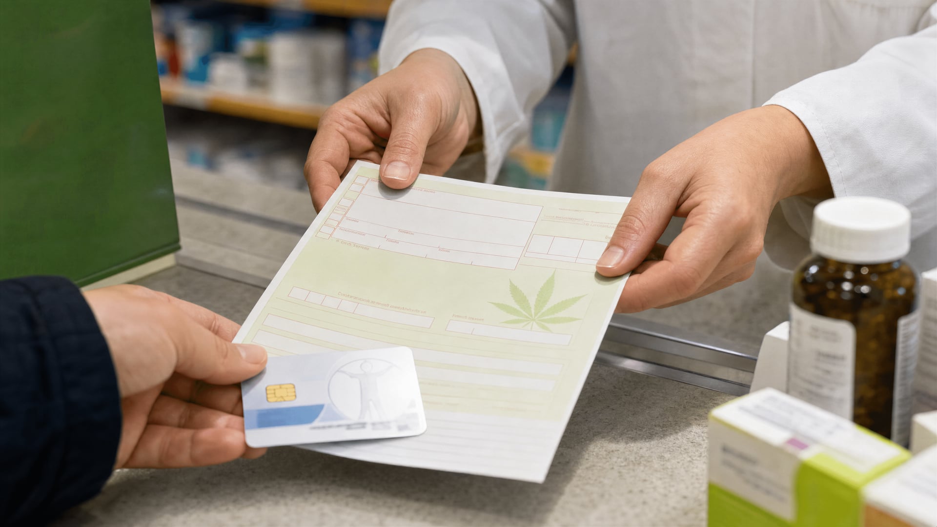 의료용 Cannabis 처방전 서류와 건강보험카드가 놓인 독일 약국 카운터