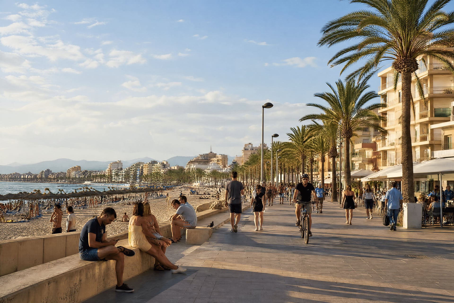 Playa de Palma seafront with cannabis social club context and everyday coastal life