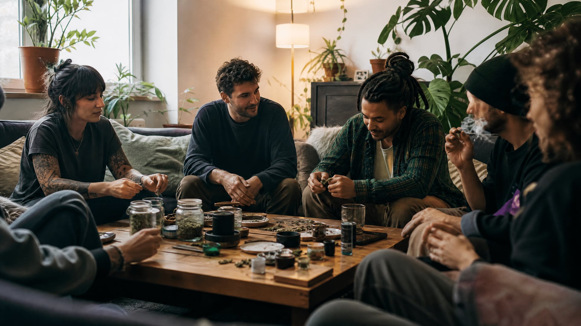 Members lounge in Switzerland with cannabis social club gathering and low tables