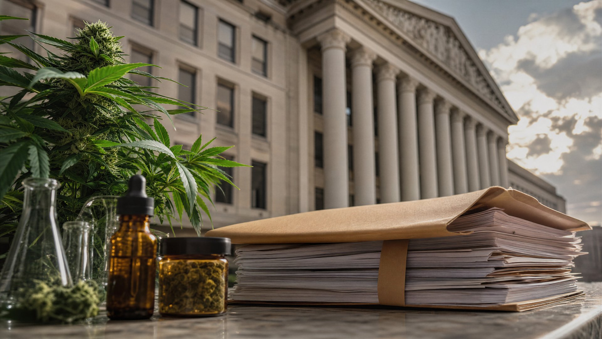 Abstract editorial illustration of a federal building beside a legal file and research documents.