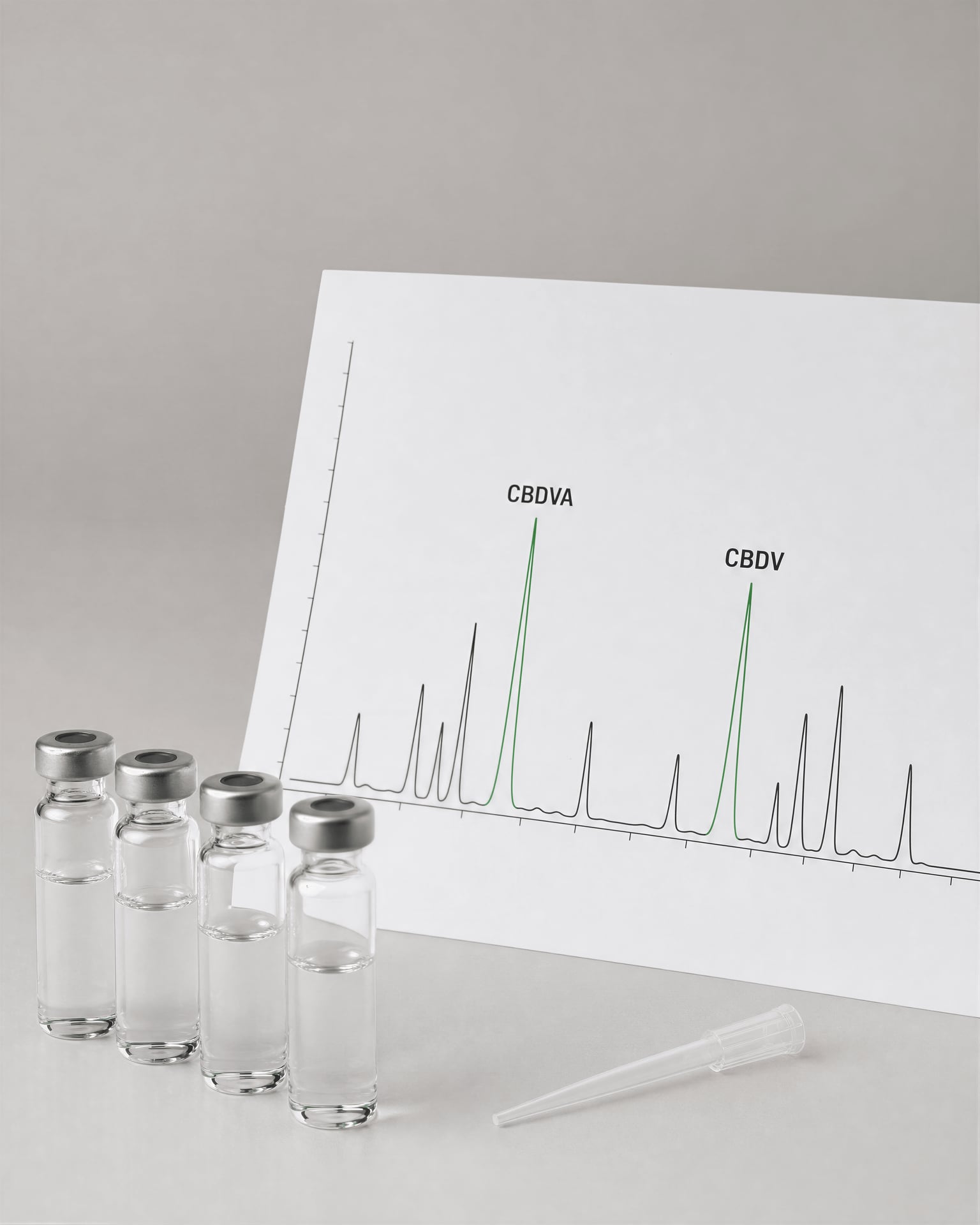Analytical vials and a chromatogram marked for CBDVA and CBDV in a clean laboratory still life.