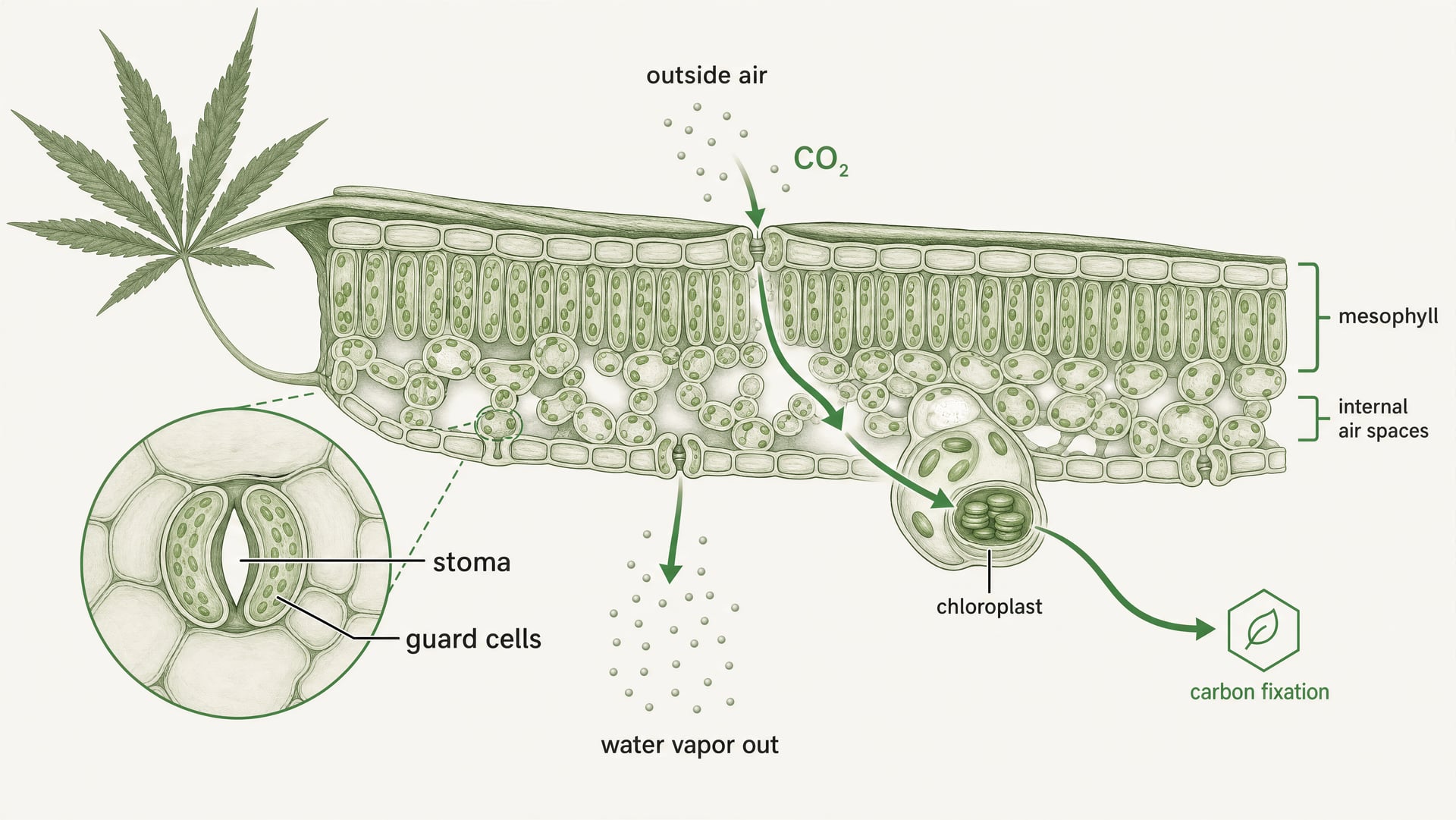 Diagram of a cannabis leaf showing CO2 entering through stomata and moving to carbon fixation sites