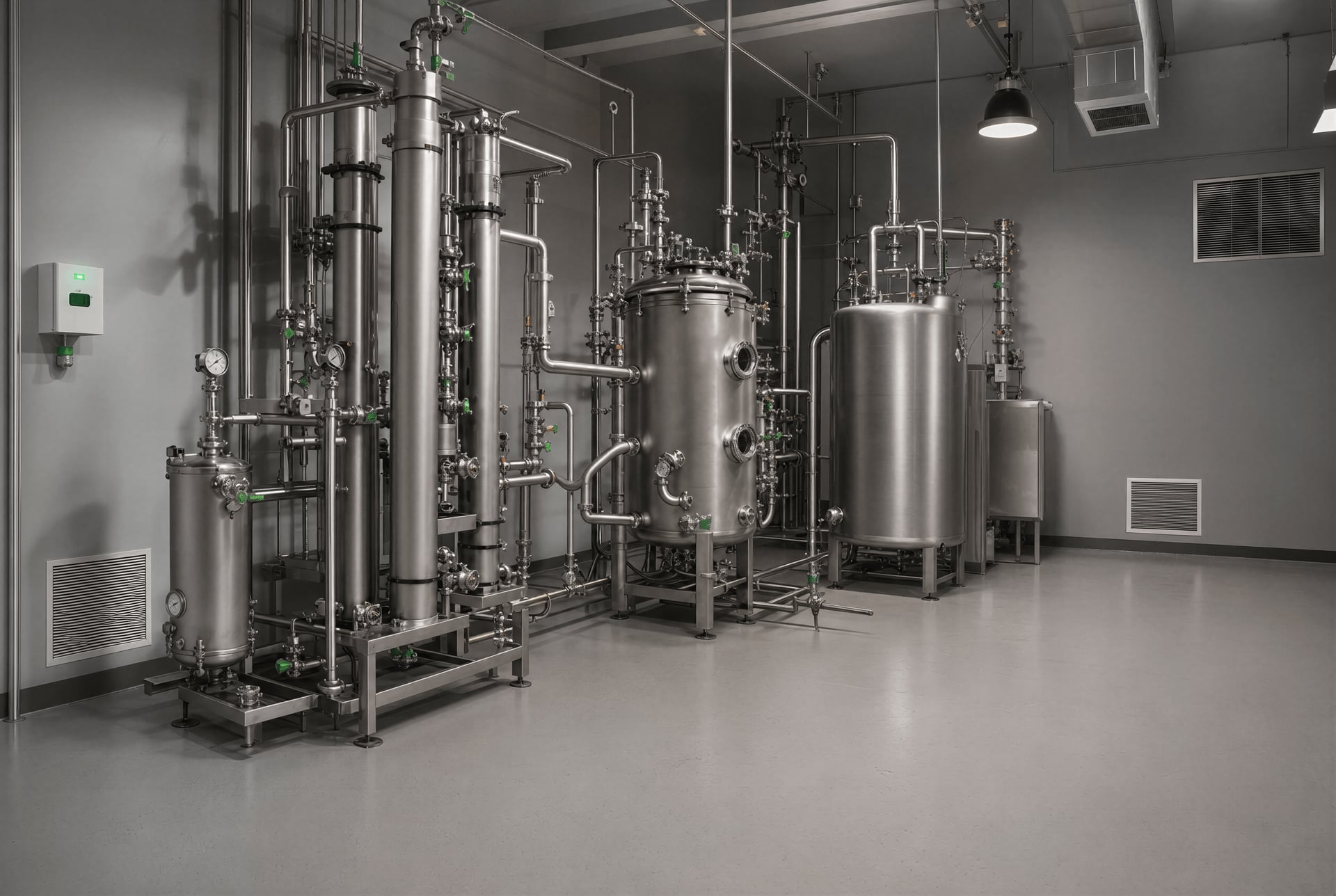 Closed-loop hydrocarbon extraction room with stainless equipment and gas detection