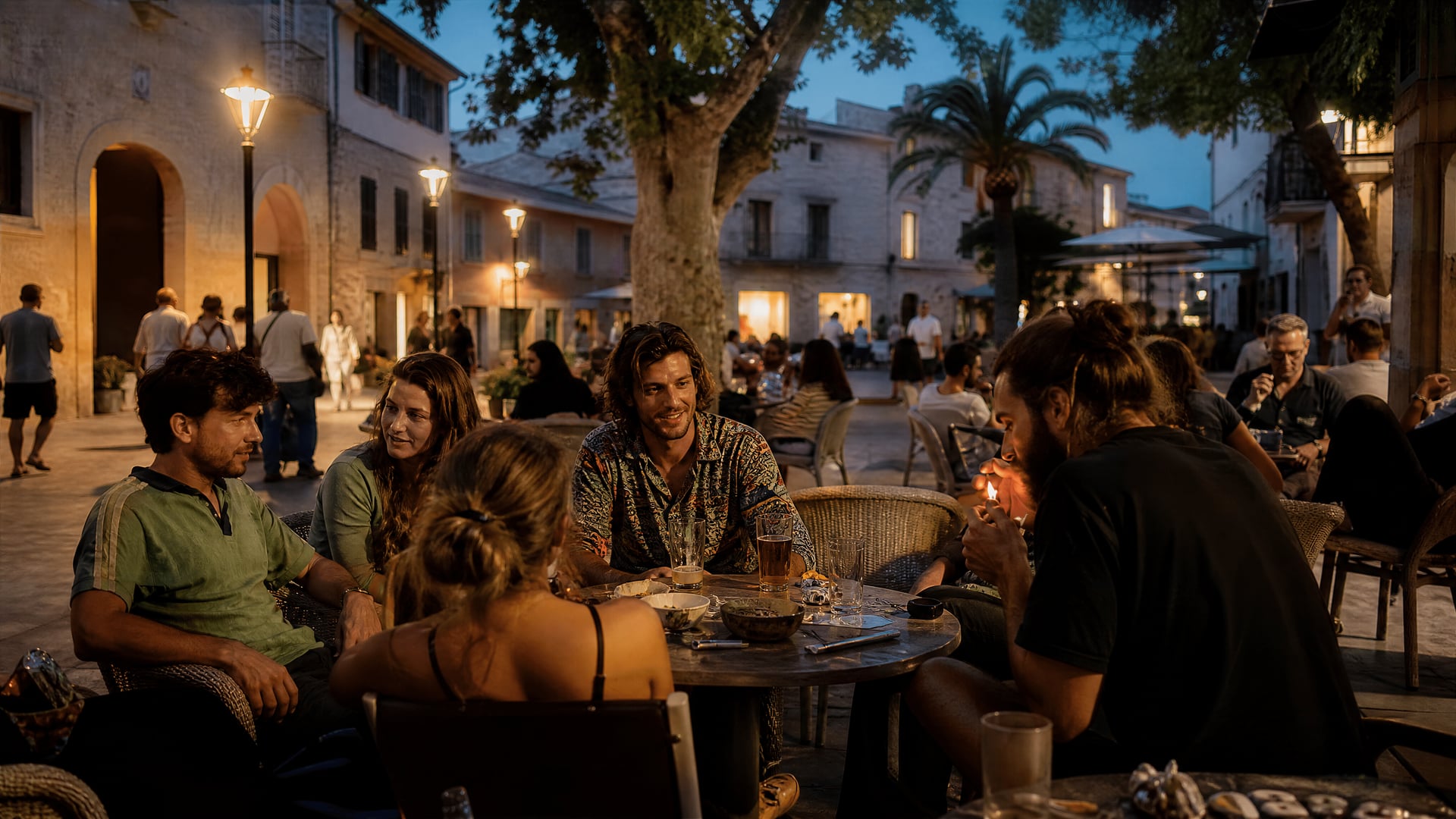 Terraza vespertina de Alcúdia con vecinos y contexto nocturno de club social de cannabis