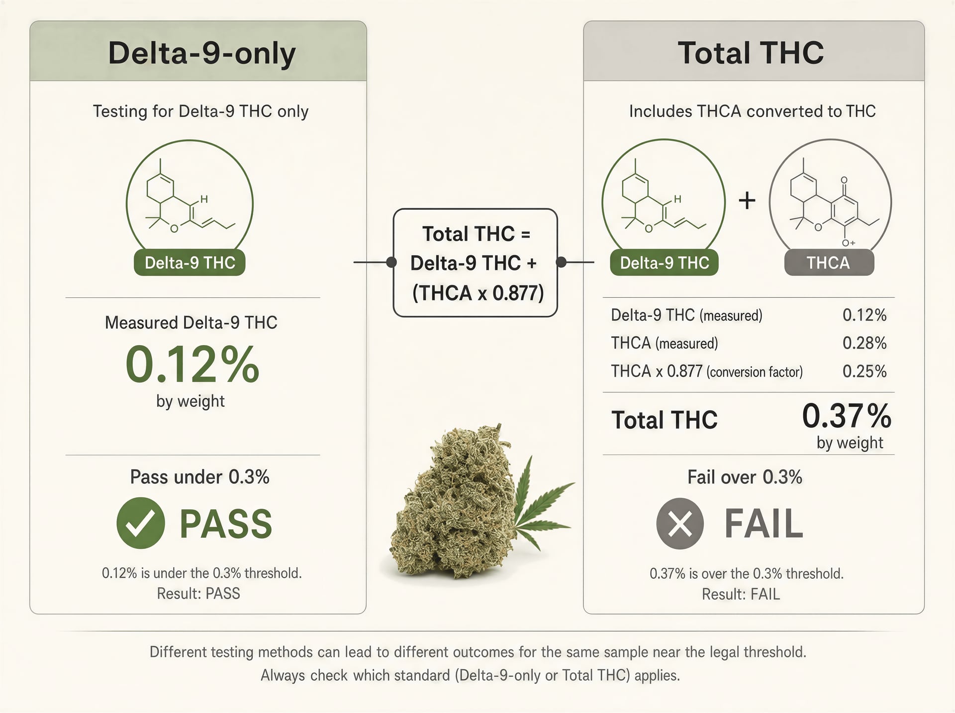 Split schematic comparing Delta-9-only testing with total THC testing for the same cannabis sample.