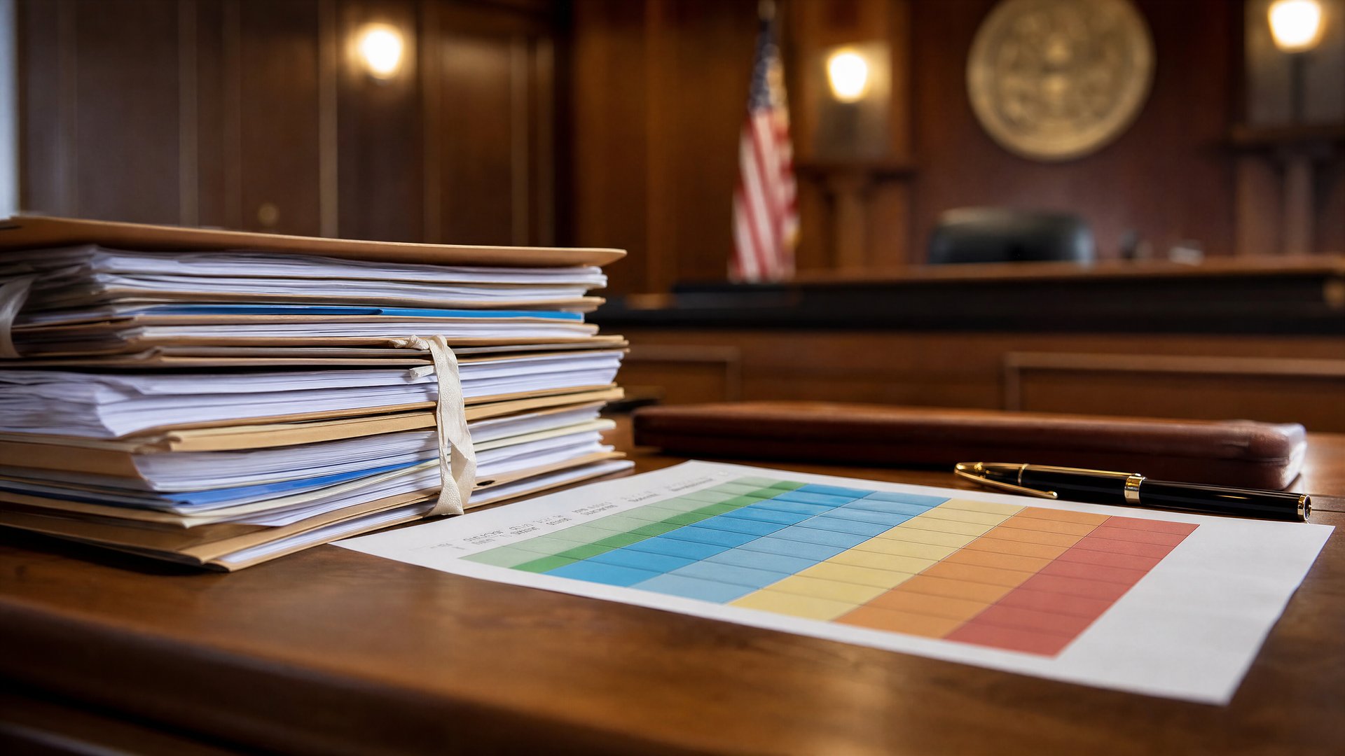 Abstract courtroom-style illustration showing legal files and a classification chart.