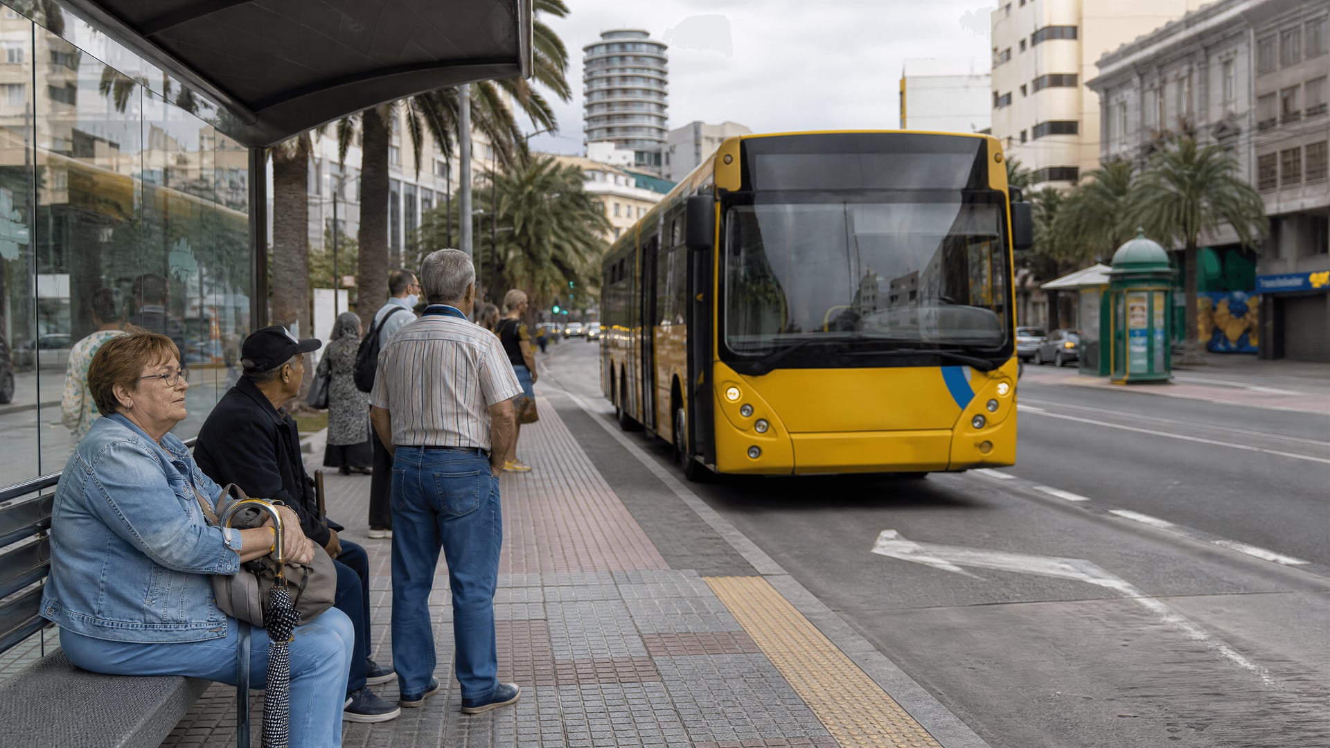 Lokalny przystanek autobusowy i życie uliczne w Las Palmas de Gran Canaria w pobliżu dzielnic centrum miasta