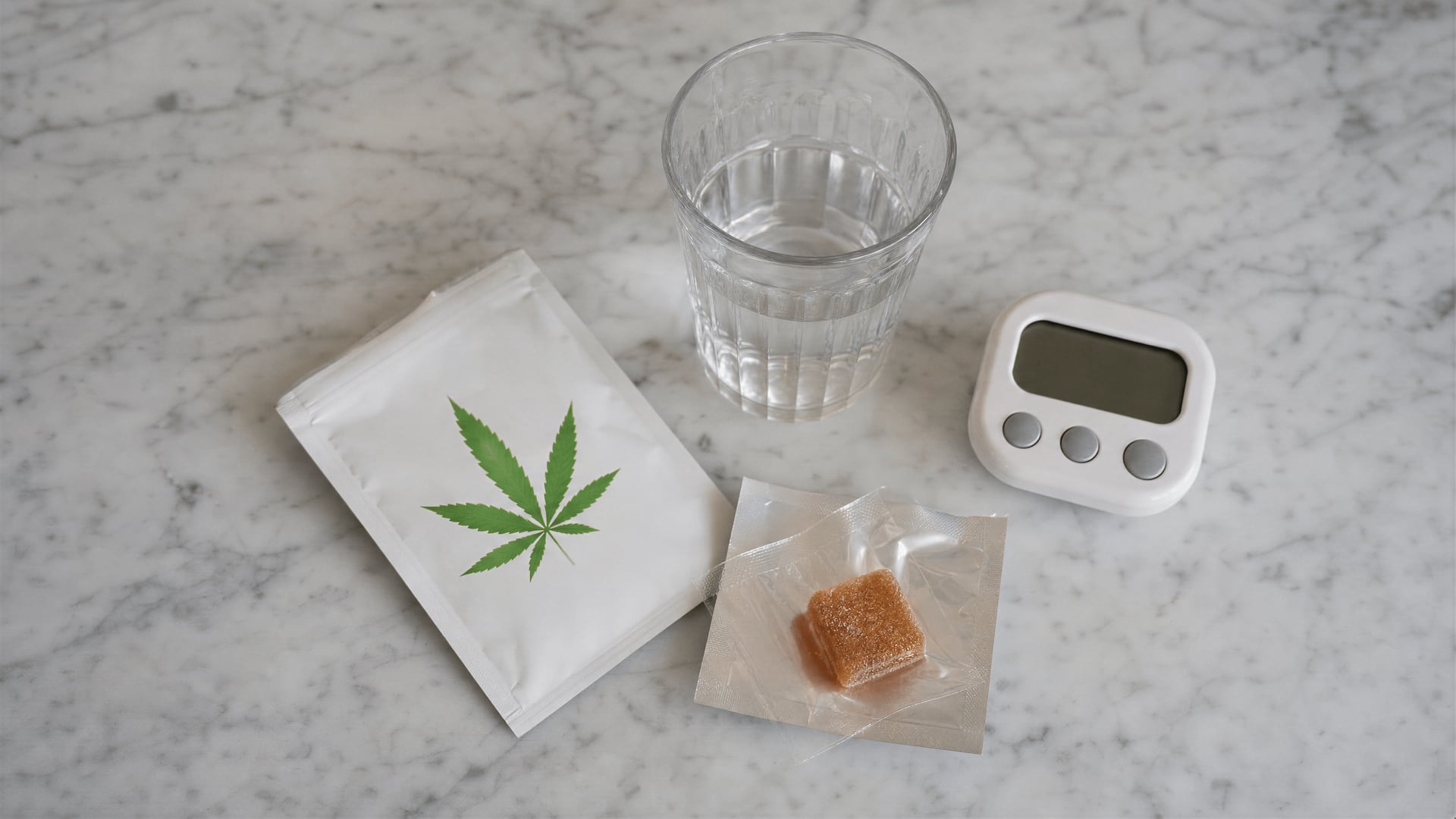 厨房台面上的大麻食用制剂包装、厨房计时器和一只水杯。
