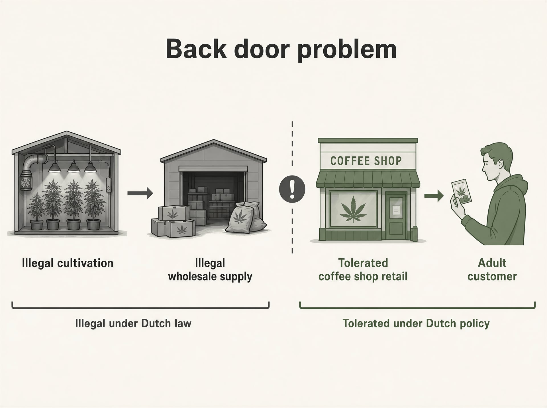 Schematic showing illegal cannabis supply feeding a tolerated Dutch coffee shop retail outlet.