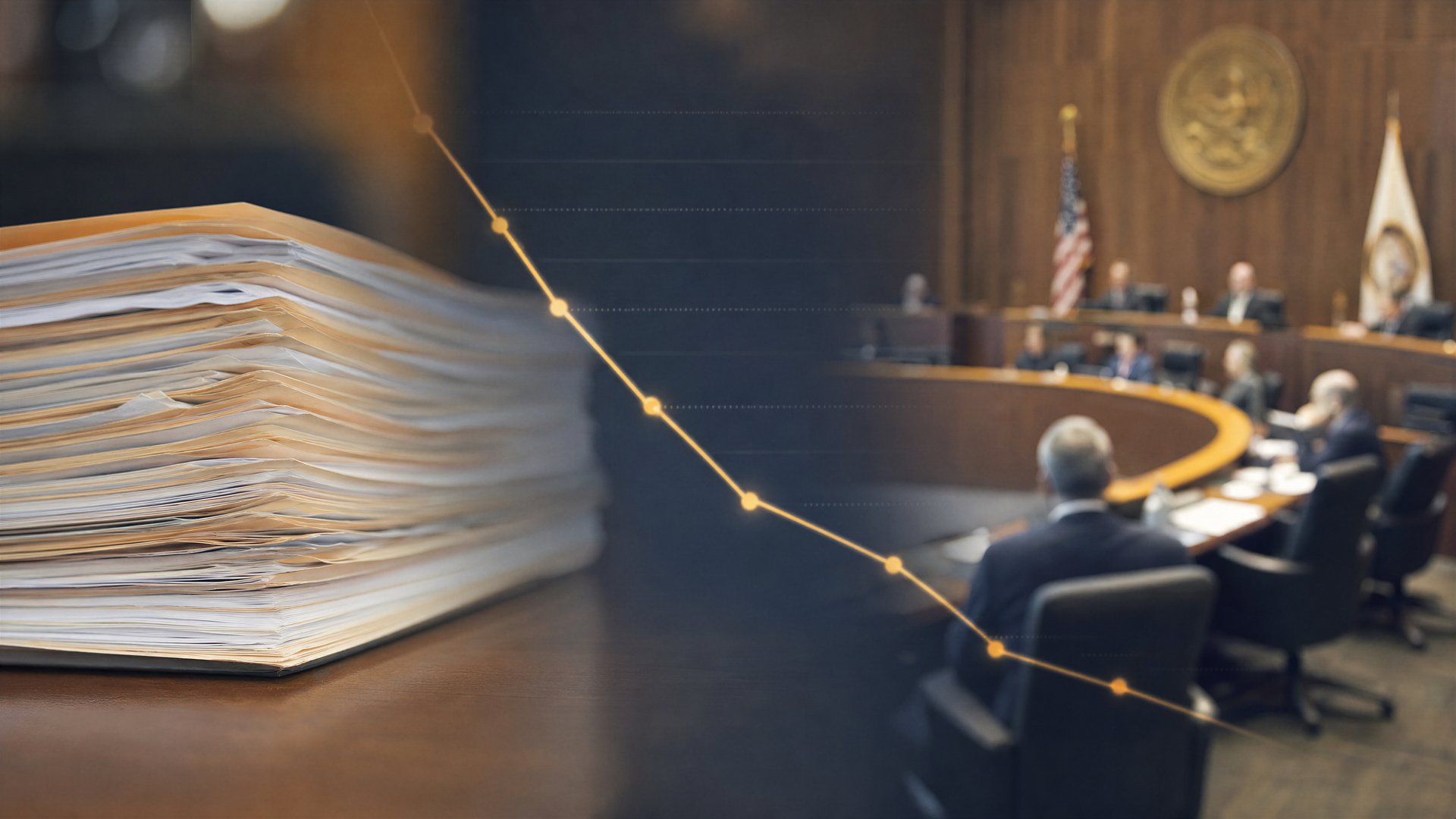 Abstract policy documents and a council chamber with a downward trend line