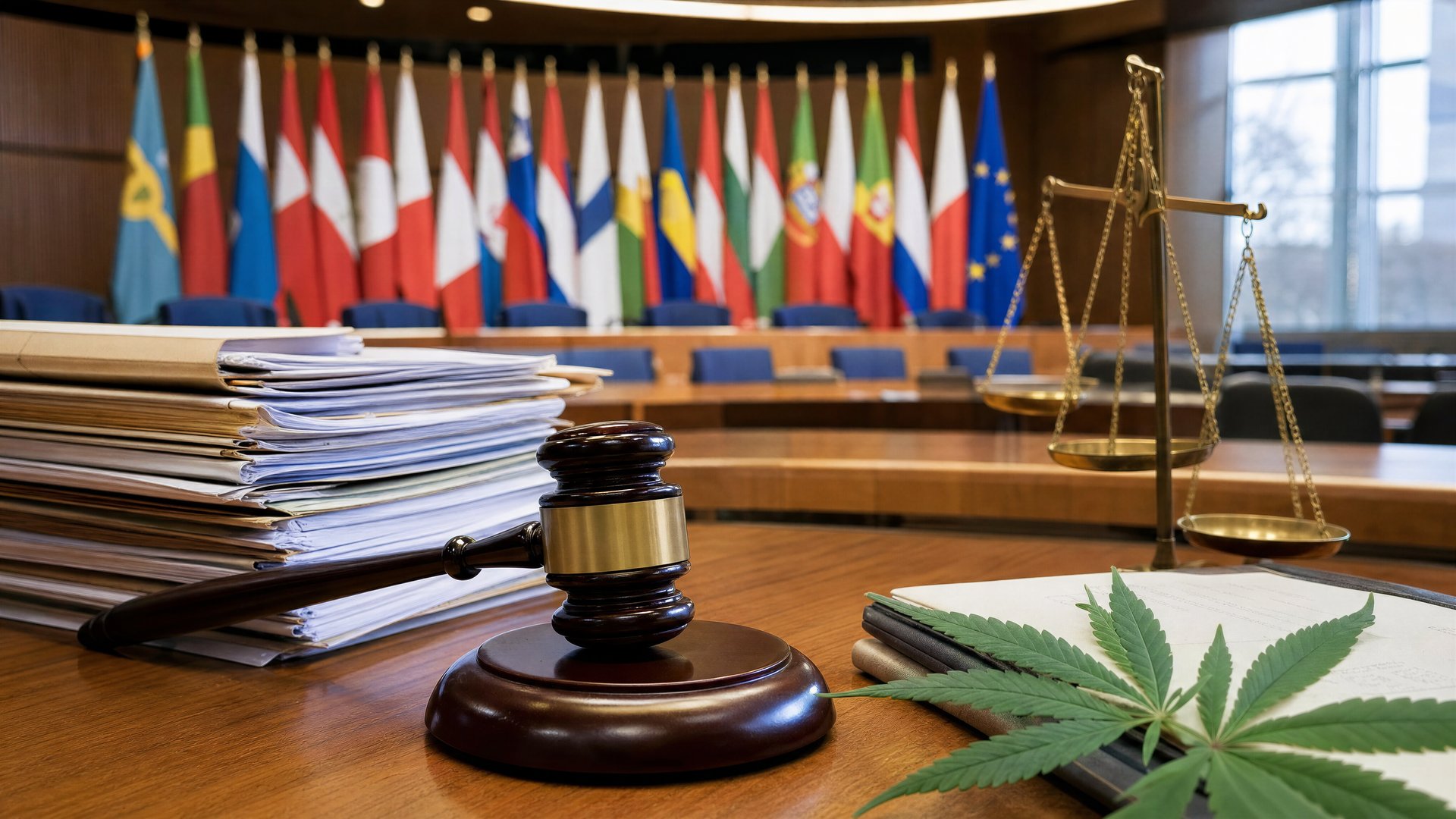 European courtroom and council chamber with legal documents and flags.