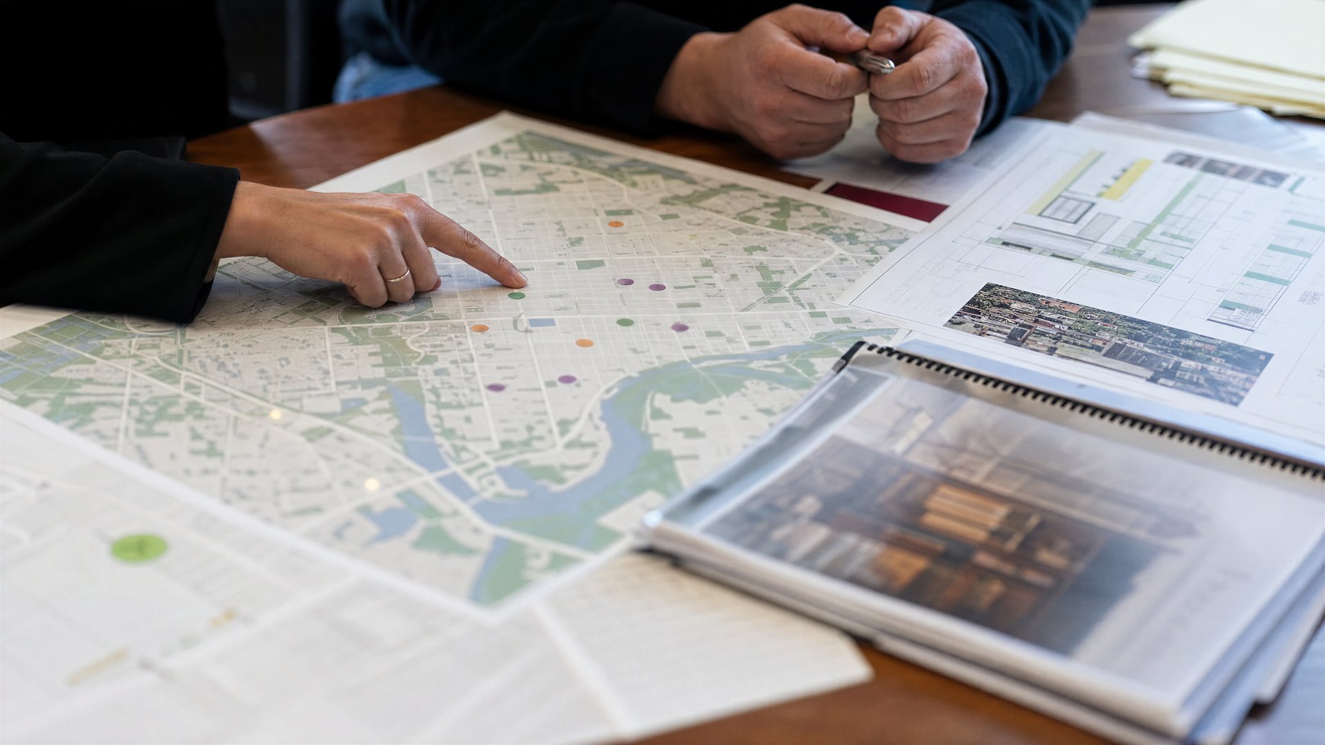 Urban planning map and documents on a table in a neutral editorial scene about pilot cannabis projects.