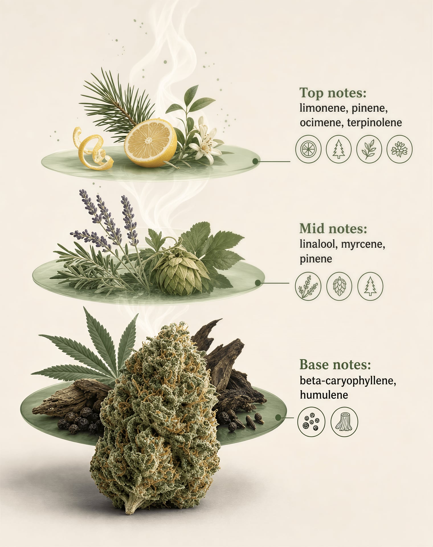 Illustration of cannabis aroma layers from bright top notes to heavier base notes