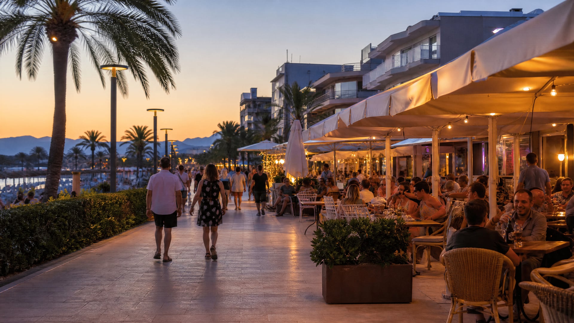 Evening promenade in Playa de Alcúdia with cafés and local social life