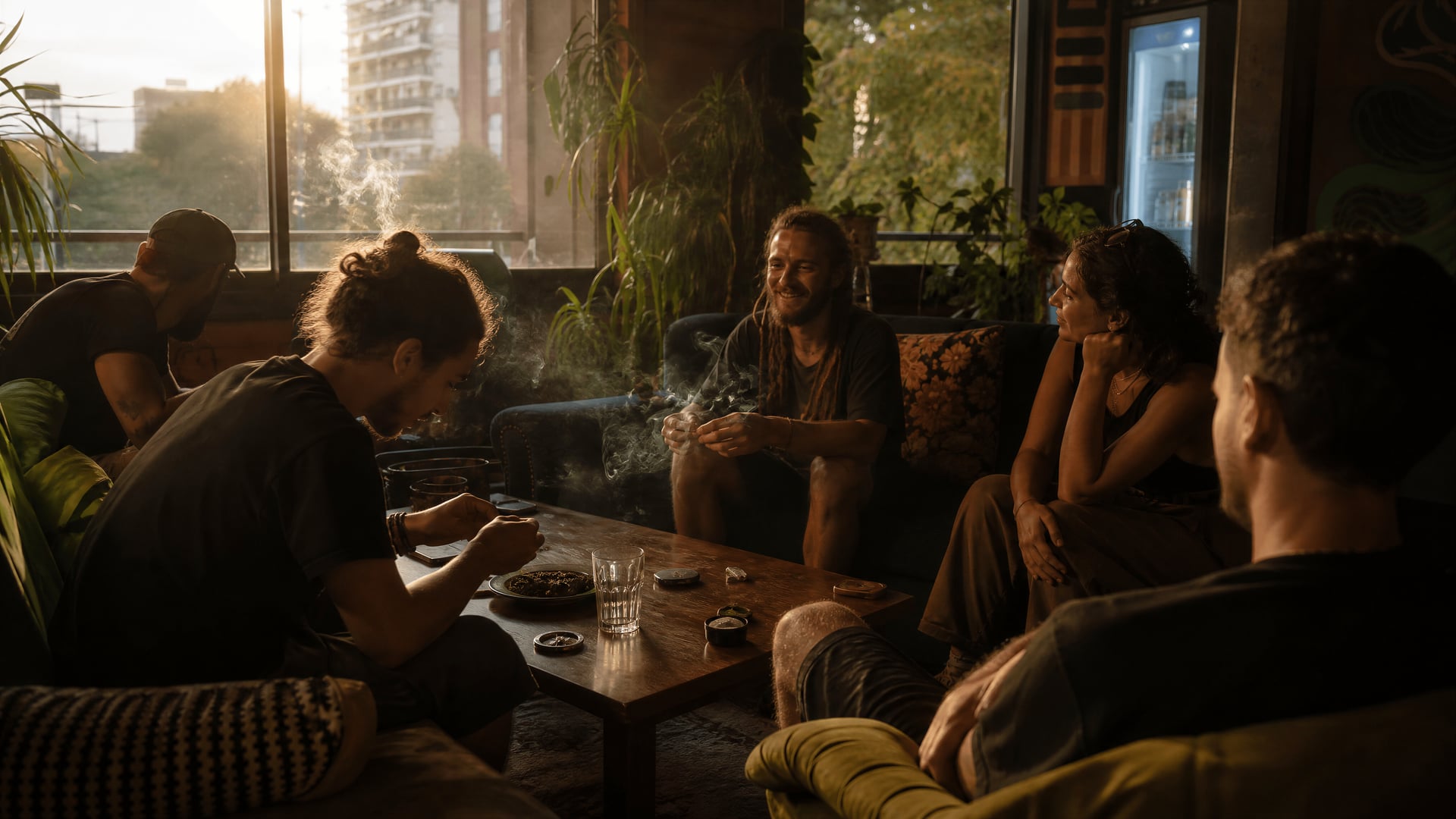 Montevideo members-only lounge with cannabis social club gathering and soft evening light
