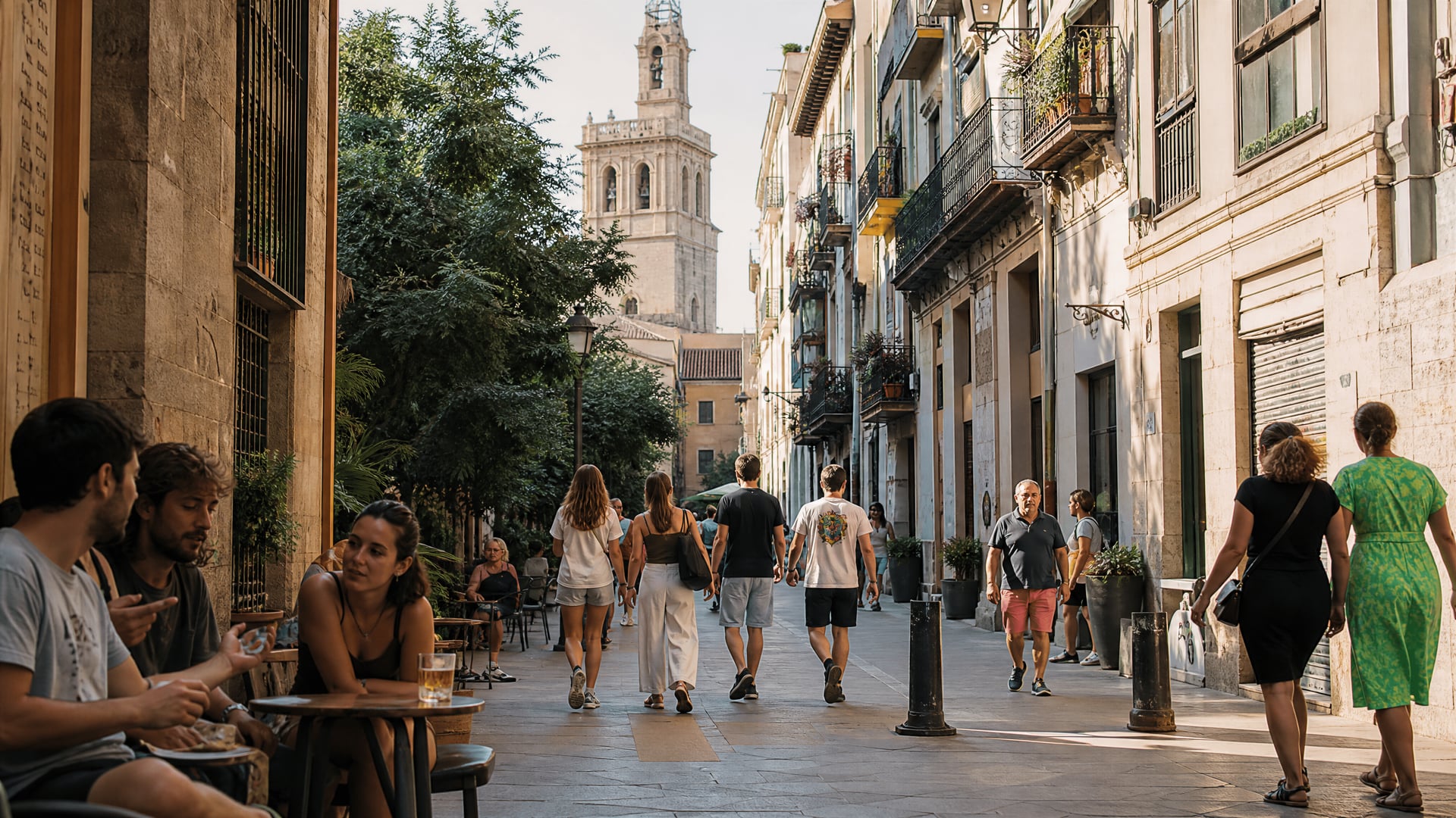 El Carmen street scene in Valencia with historic stonework and local cannabis social club context