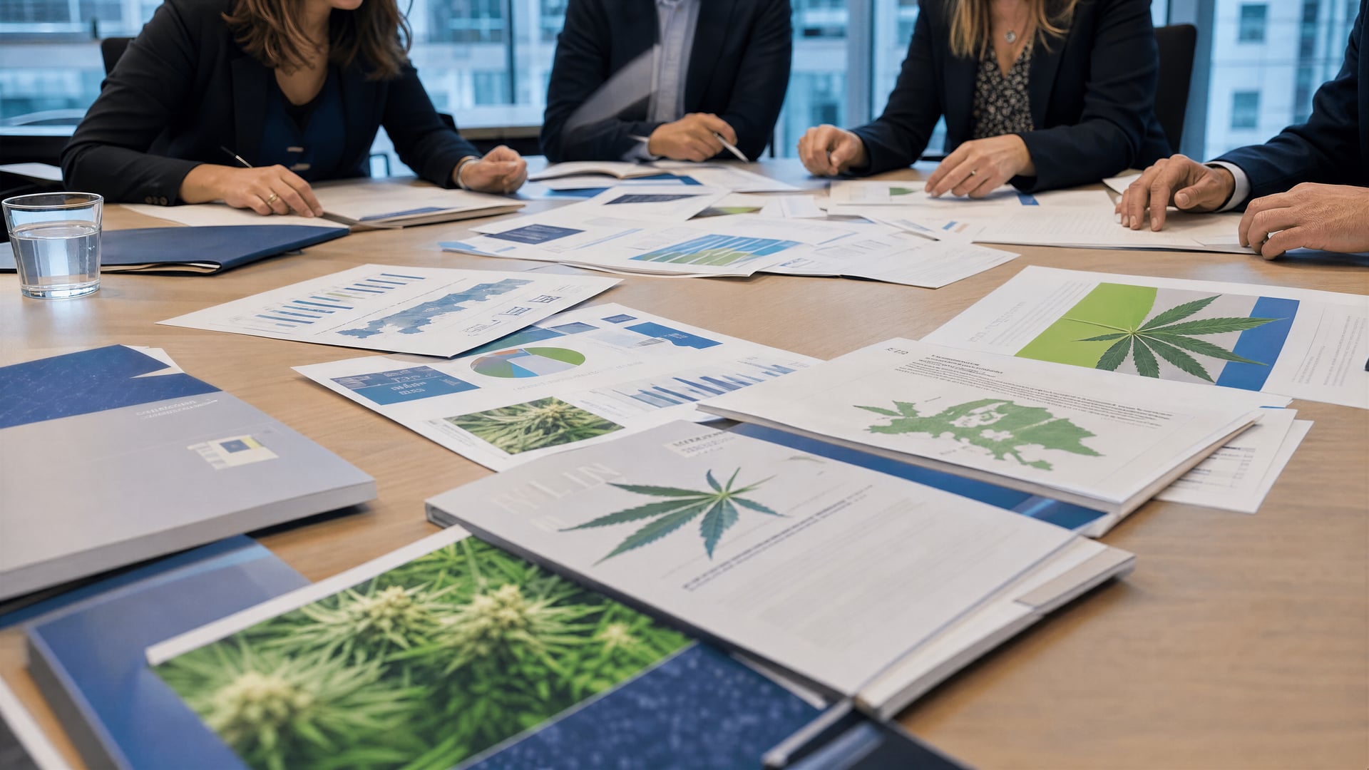 会議テーブルに広げられたEU薬物報告書と大麻政策に関するブリーフィング資料。