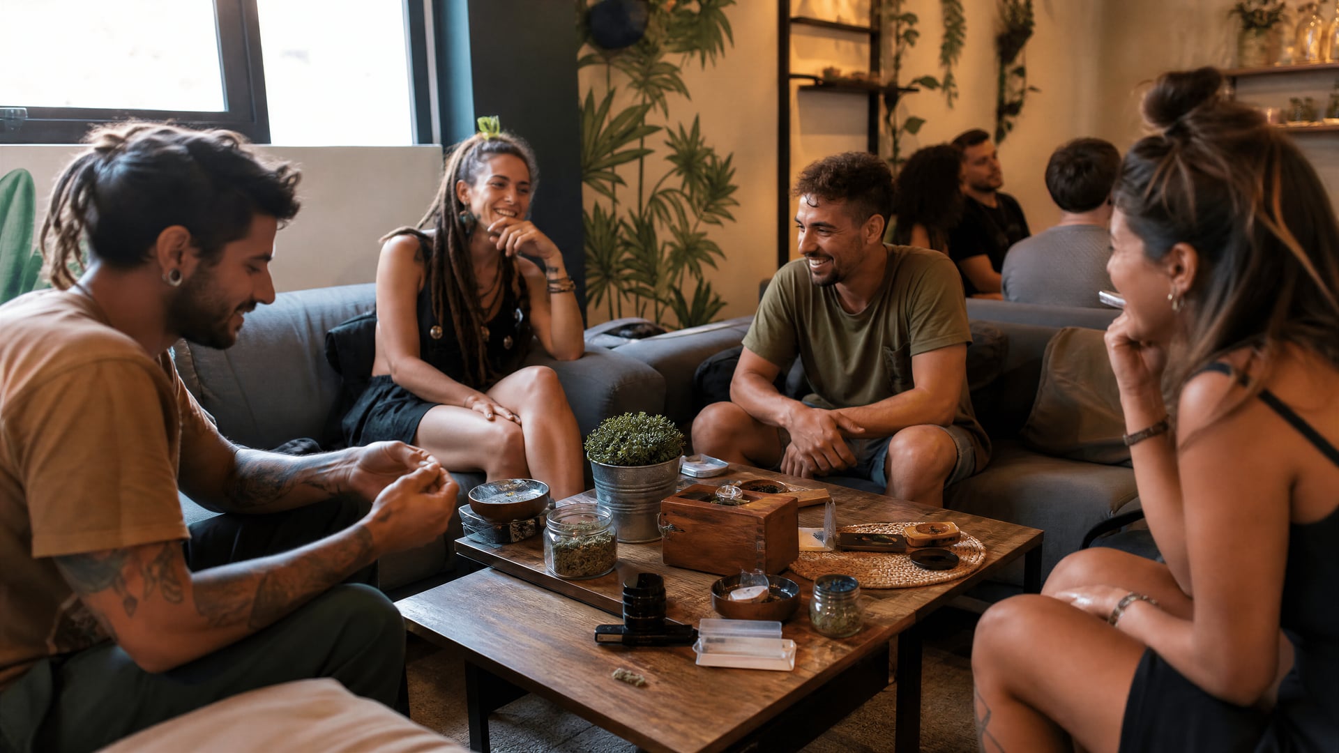 Private Lloret de Mar cannabis social club lounge with low tables and seating