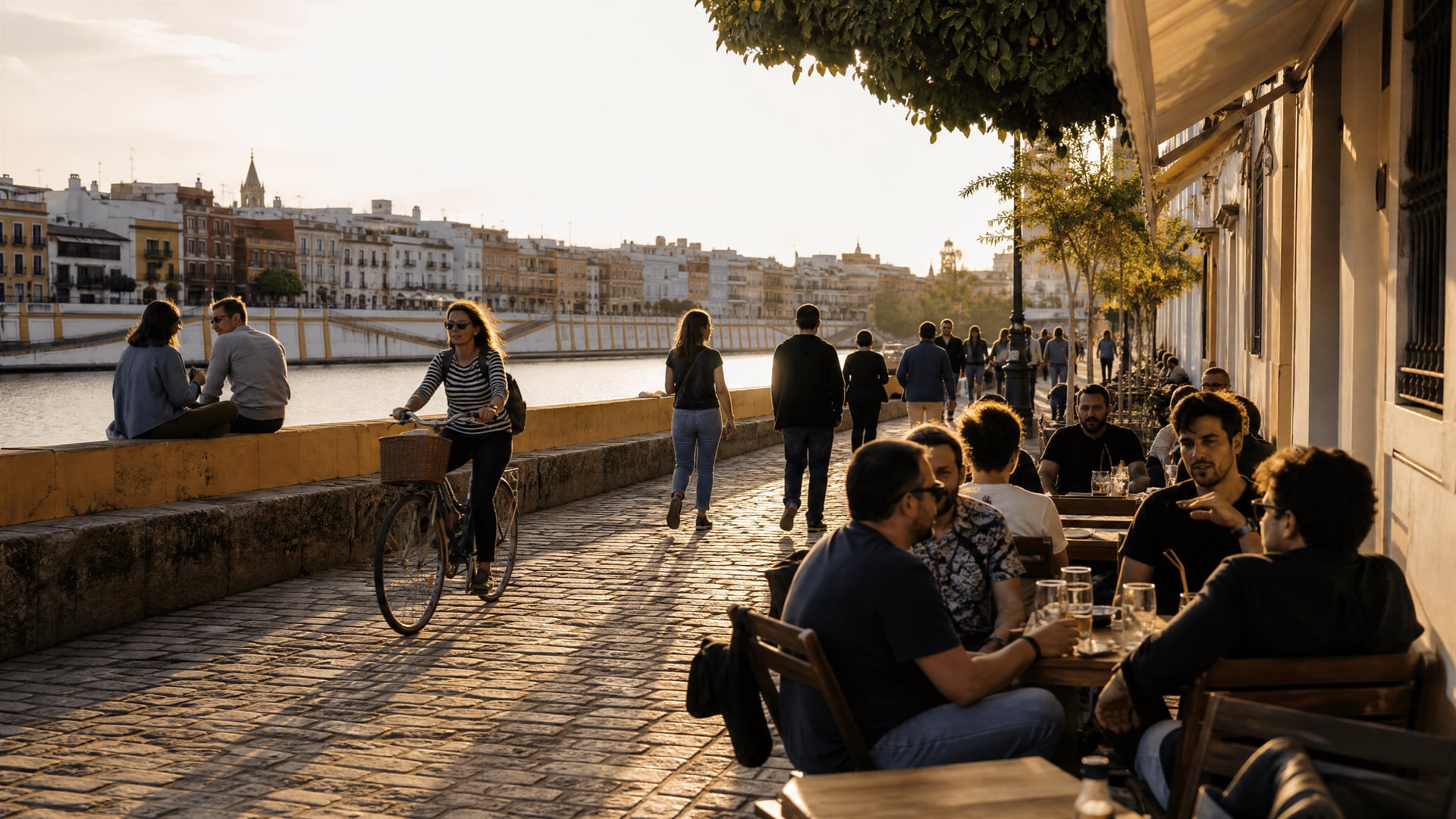 Triana riverwalk with Seville neighborhoods and private cannabis club context