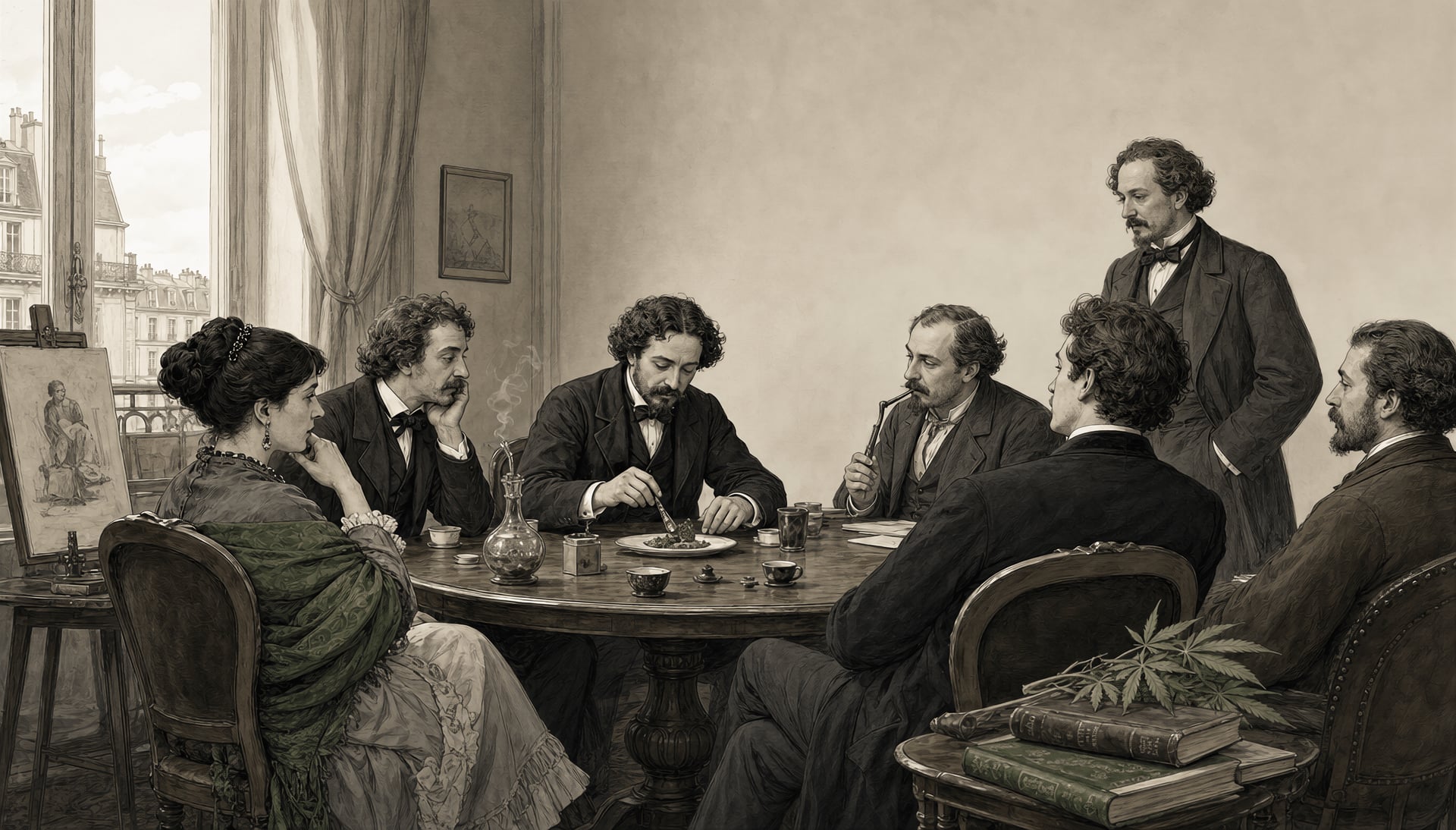 Illustrated Paris salon with 19th-century writers gathered around hashish