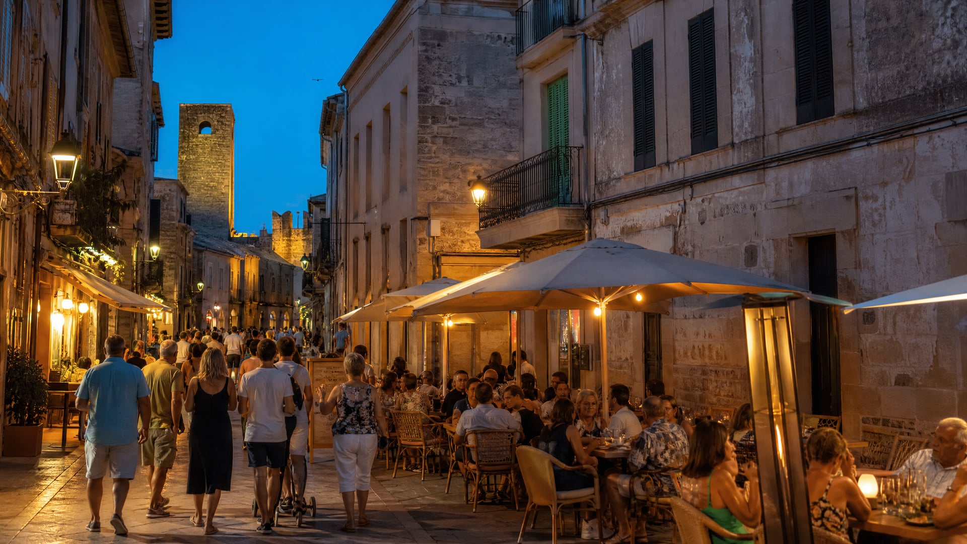 Calles vespertinas del casco antiguo de Alcúdia con contexto urbano de club social de cannabis