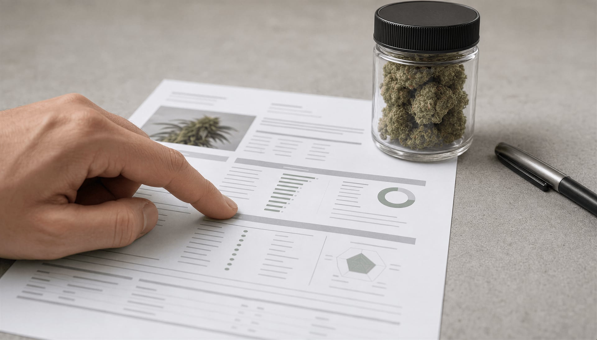 A person reviewing a cannabis lab report next to a jar of cannabis flower.