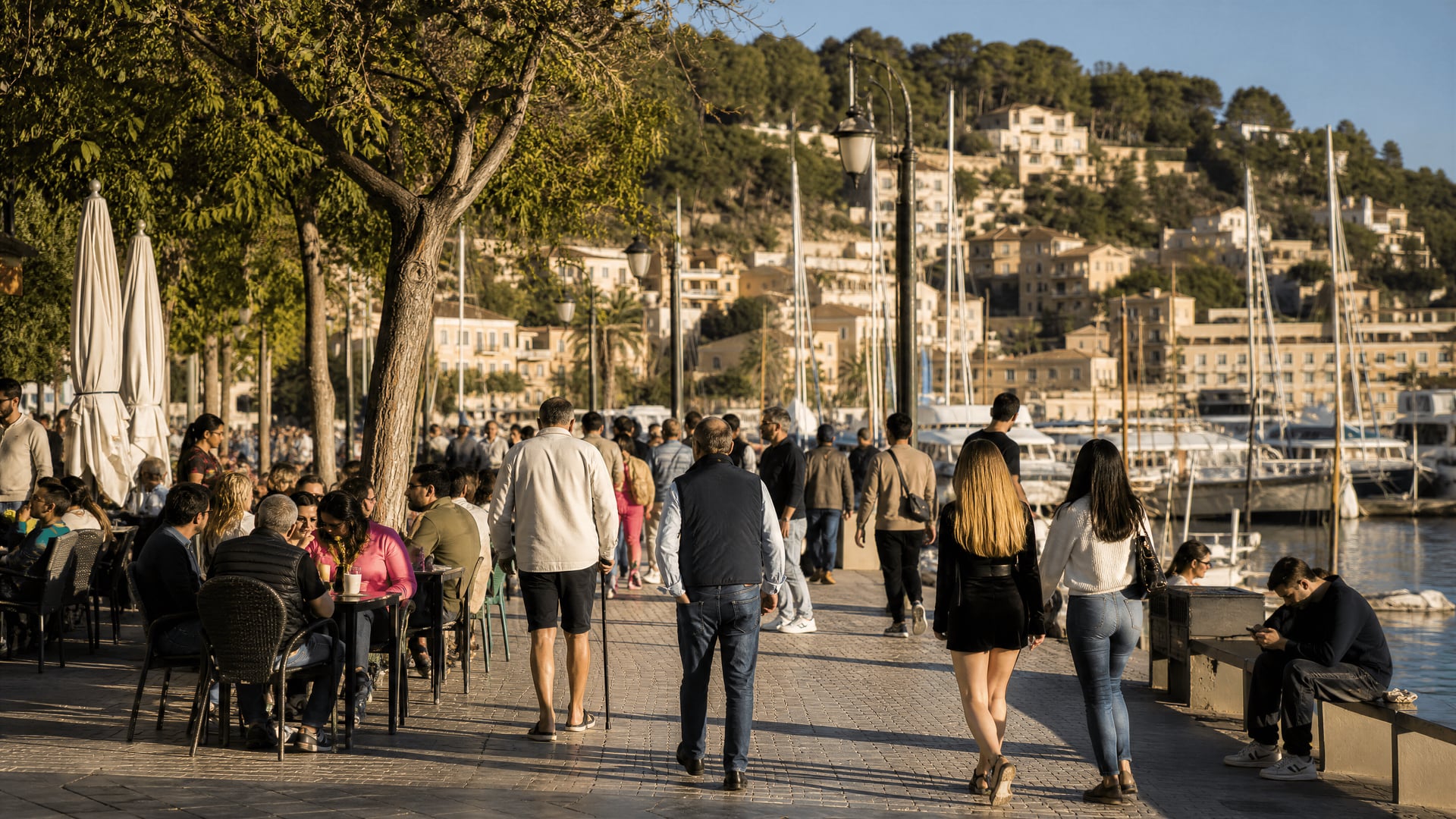Harbor walk in Majorca with locals, waterfront light, and neighborhood movement