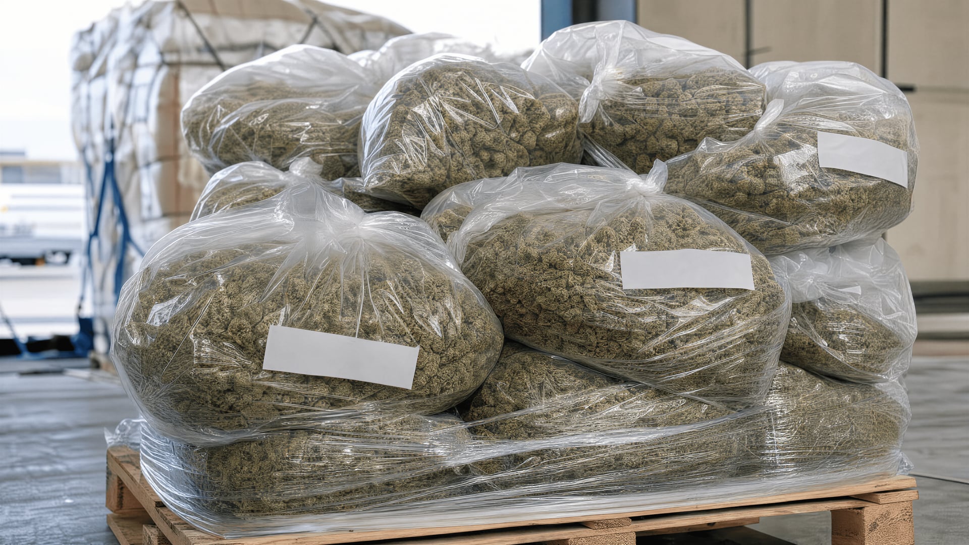 EU airport cargo pallets of medical cannabis products awaiting pharmaceutical customs clearance