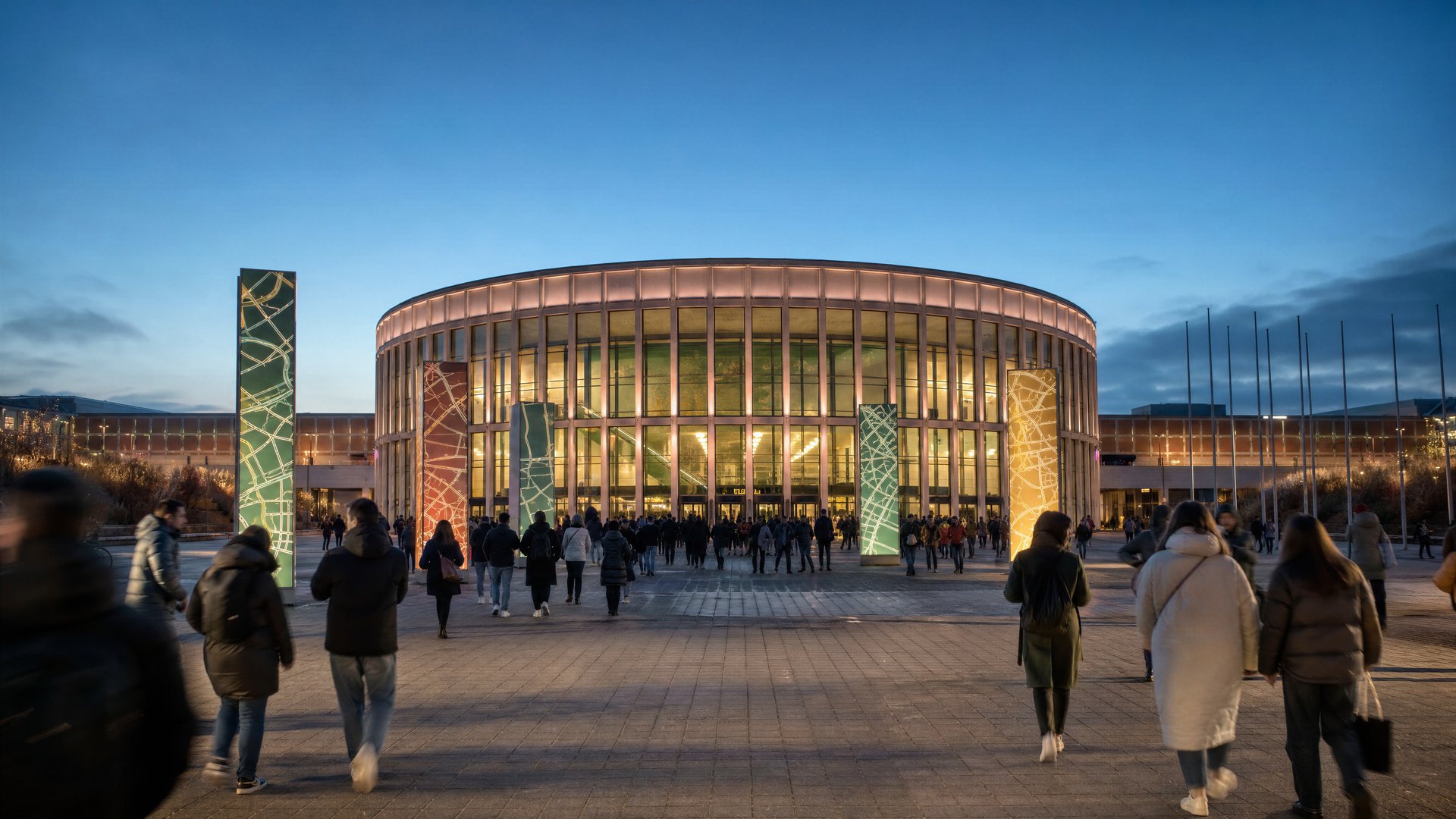 Architectural editorial illustration of Messe Berlin with abstract signage and map lines.